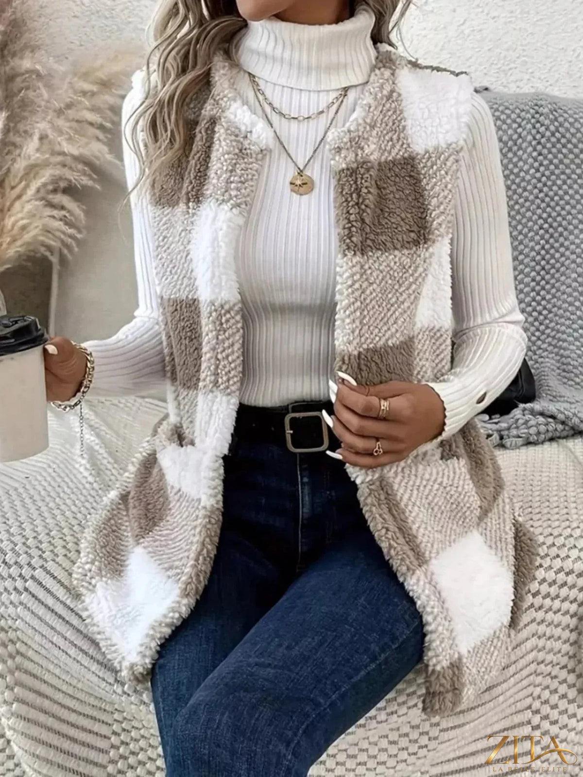 Zita La Belle Elite cozy plaid sherpa vest coat with warm fleece lining and front pockets, ideal for cold weather.