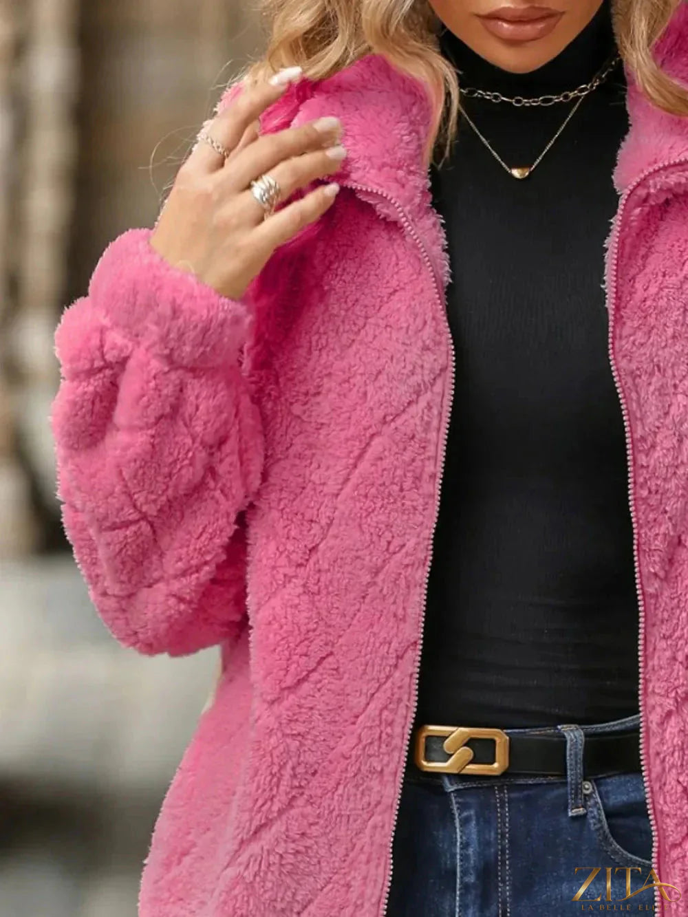 Zita La Belle Elite fuzzy zip-up jacket with front pockets, soft cozy material, and a stylish casual design.