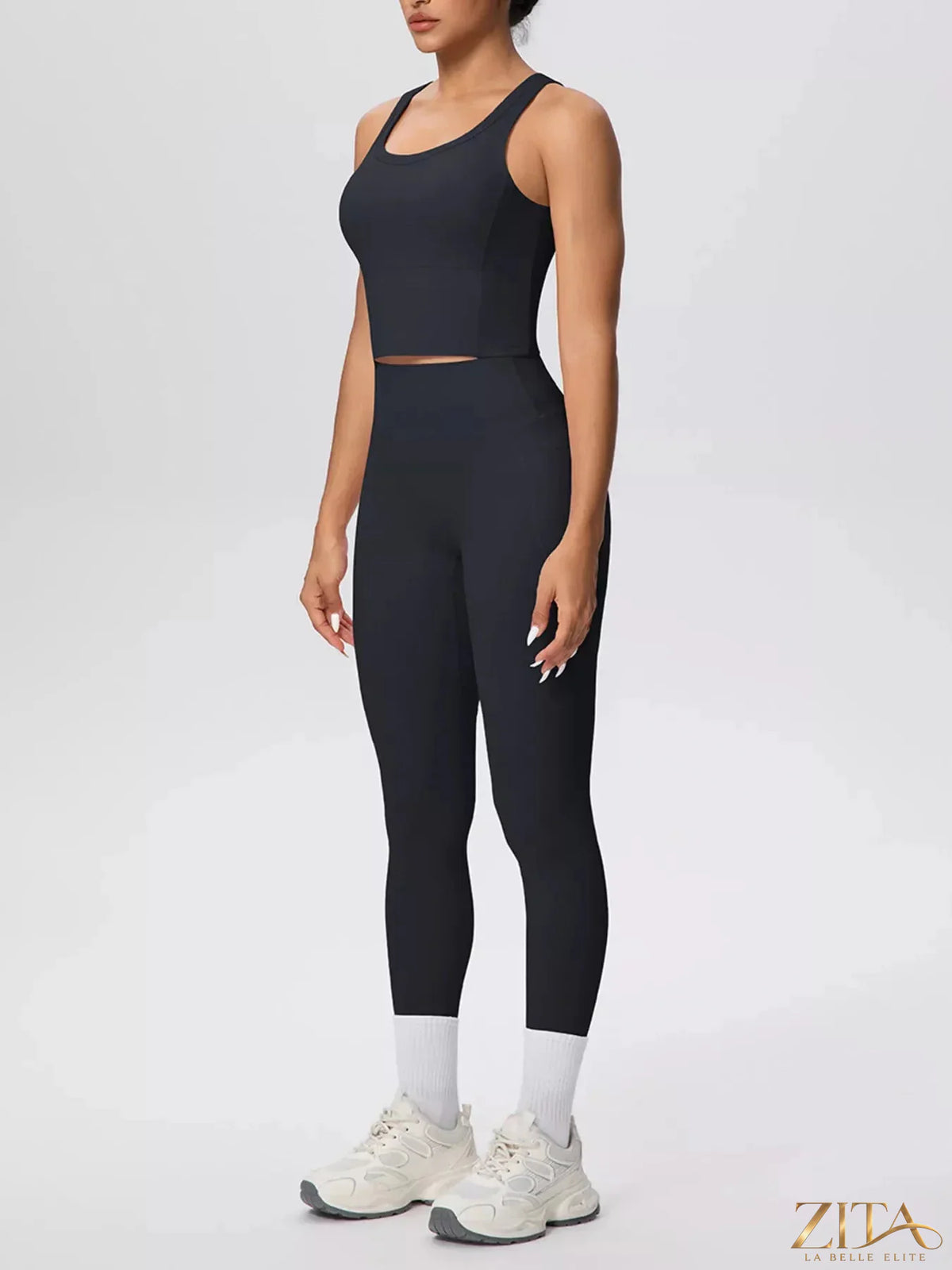 Zita La Belle Elite scoop neck tank top and high-waisted leggings active set, black, form-fitting workout apparel for women.