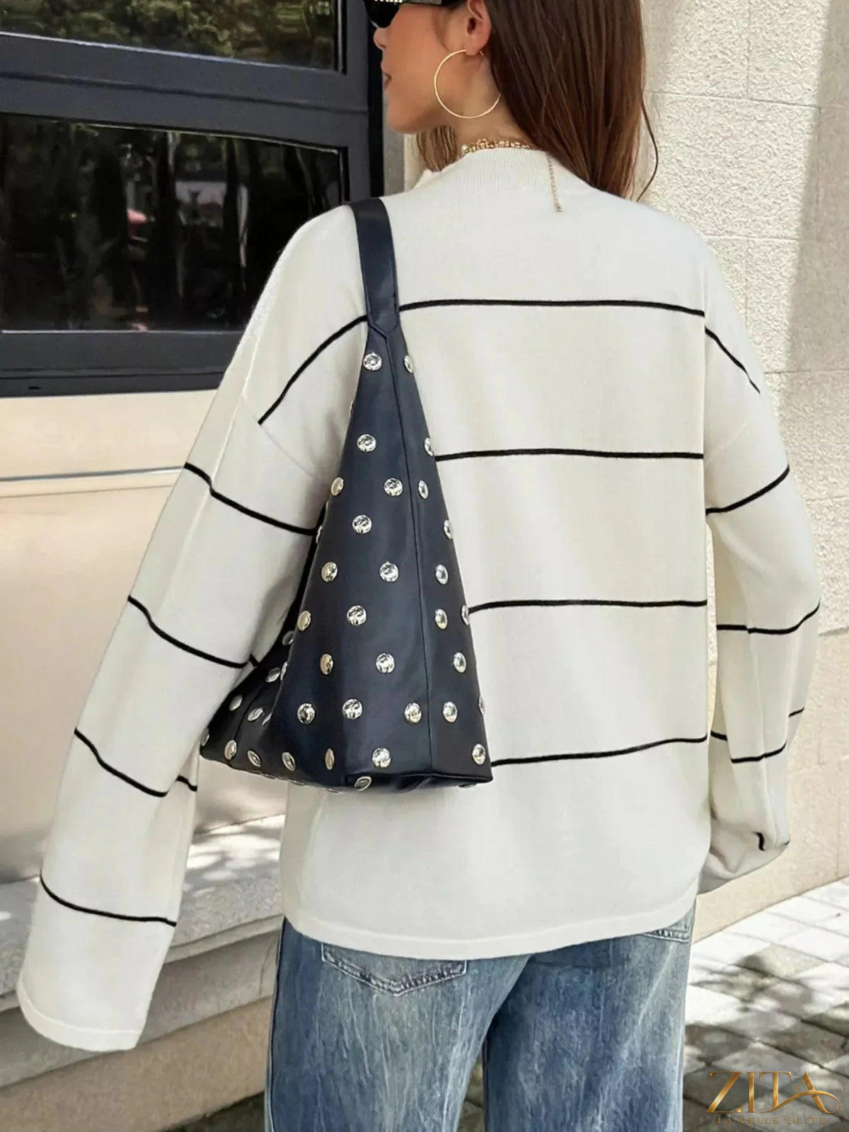 Zita La Belle Elite striped mock neck sweater in navy and white, featuring long sleeves and a fitted silhouette.