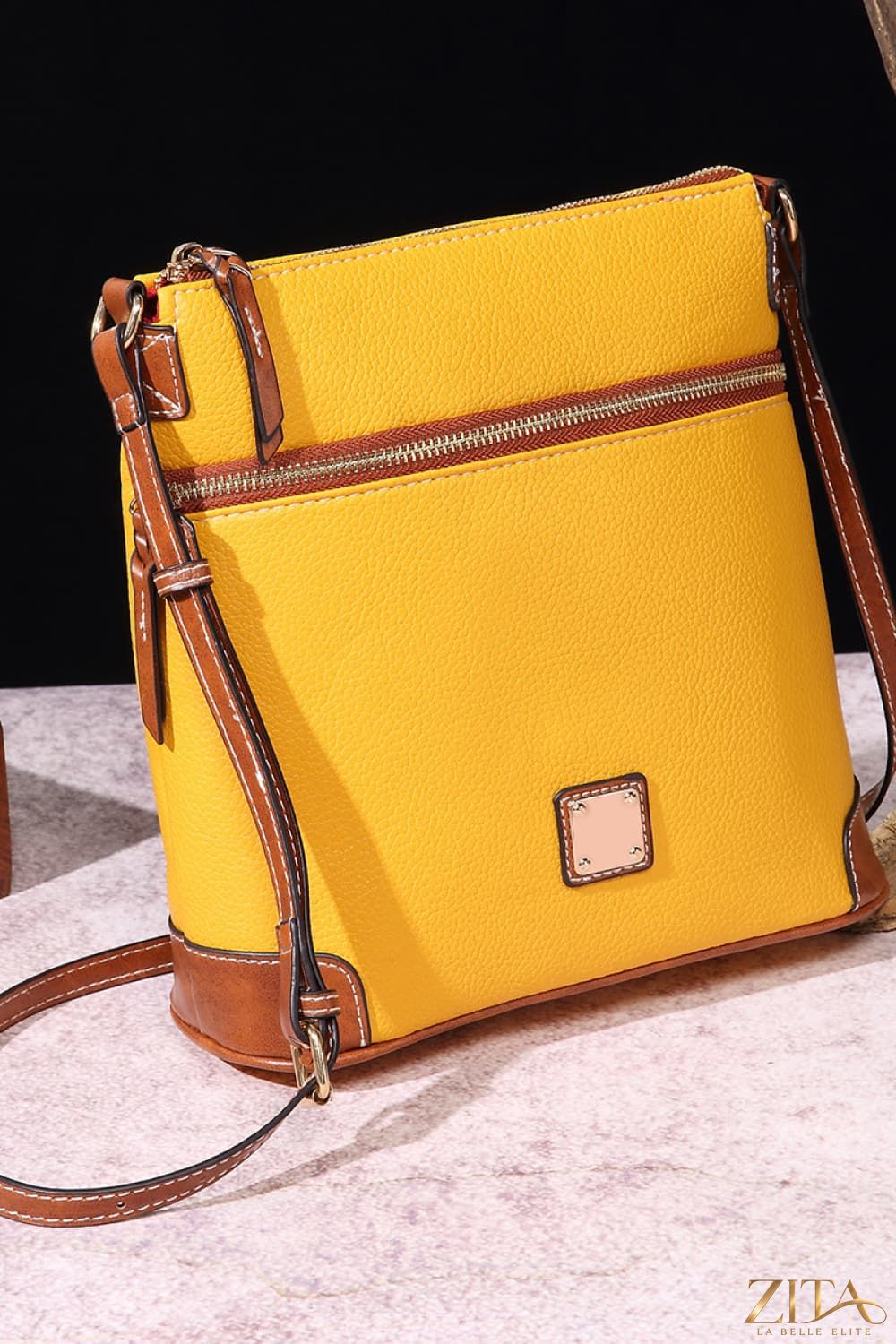 Zita La Belle Elite PU leather crossbody bag with adjustable strap and gold-tone hardware, stylish accessory for everyday use.