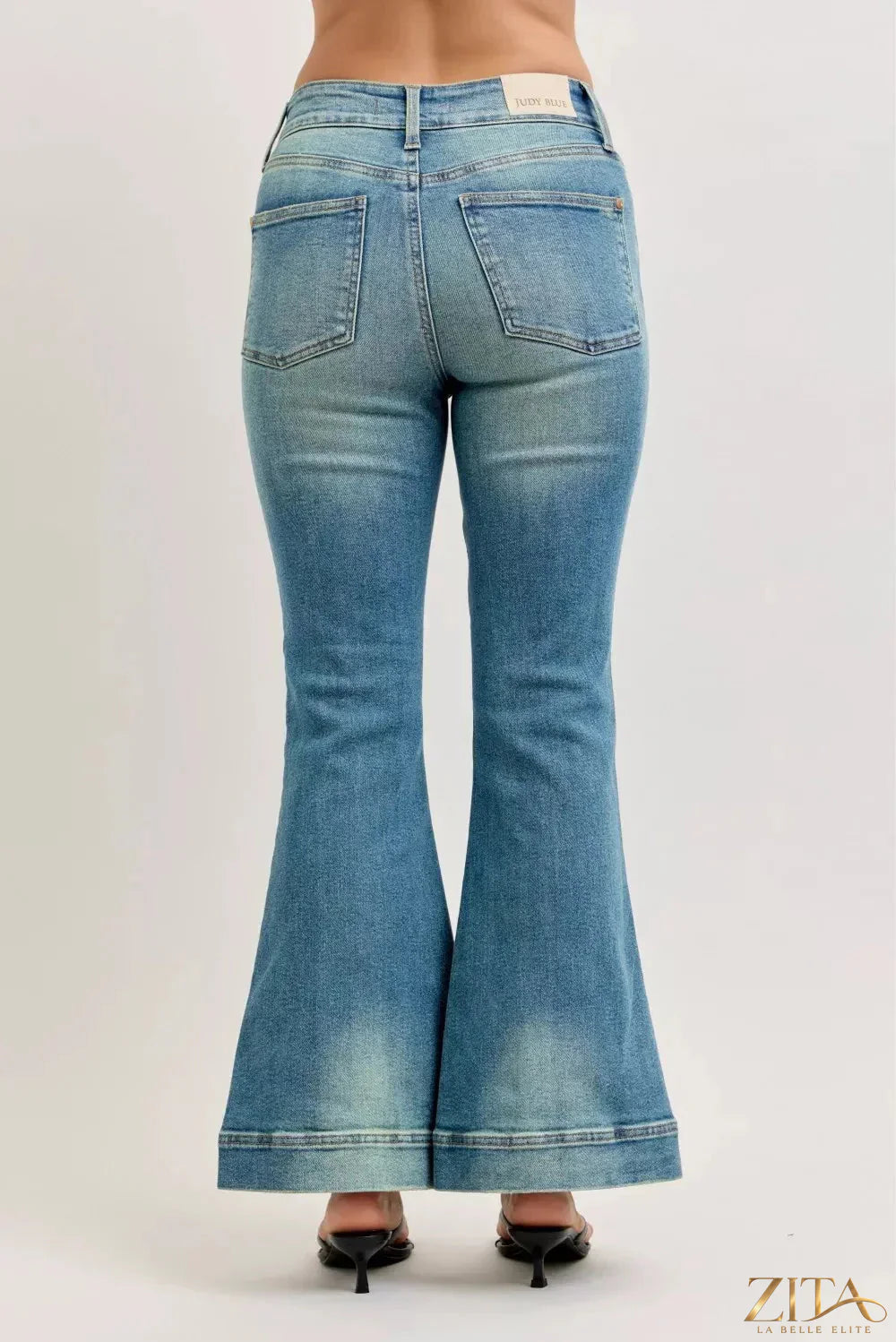 Zita La Belle Elite Judy Blue high waist vintage wash flare jeans displayed on a model, showcasing classic denim style and fit.