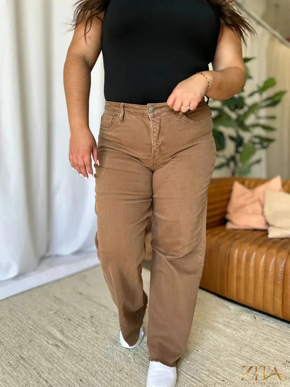 Zita La Belle Elite RFM full size high rise garment dye wide-leg jeans laid flat, showing deep indigo color and wide-leg fit.