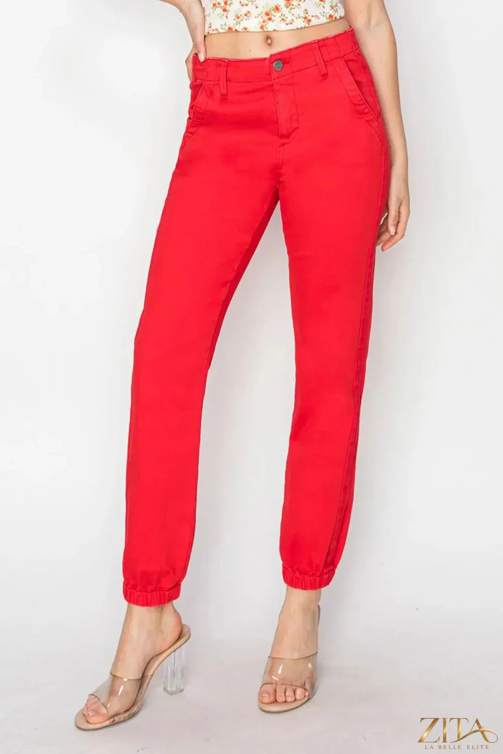 Zita La Belle Elite RISEN full size high waisted jogger jeans with relaxed fit and classic denim look, front view.