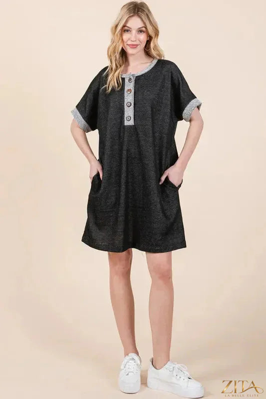 Casual contrast trim Henley dress by Zita La Belle Elite, featuring a relaxed fit and stylish neckline, shown on a model.