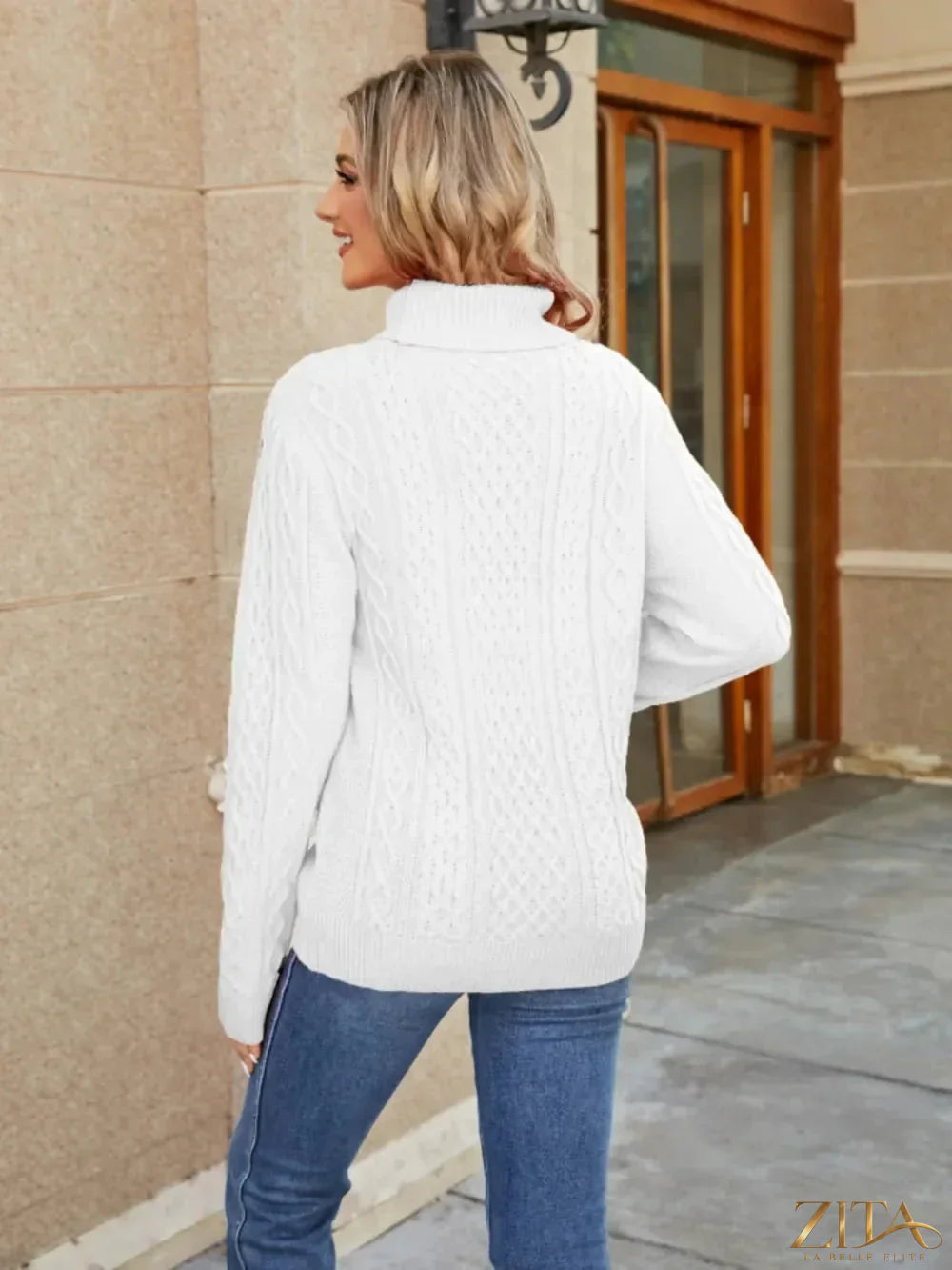 Zita La Belle Elite cable-knit mock neck sweater in cozy fabric, featuring a classic knit pattern and a high neckline.