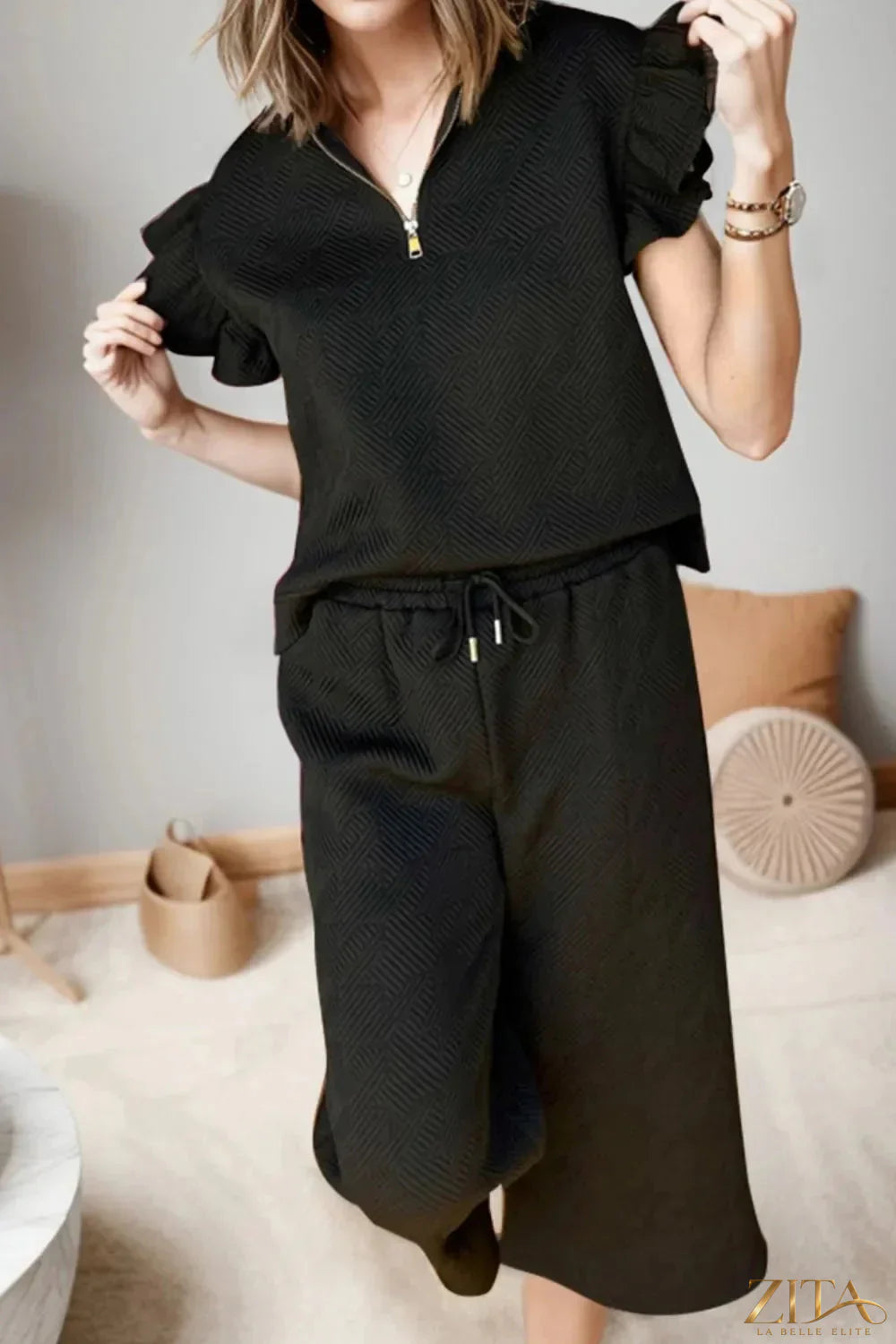 Zita La Belle Elite ruffled quarter zip top and drawstring pants set, stylish matching outfit with ruffle details and comfortable fit