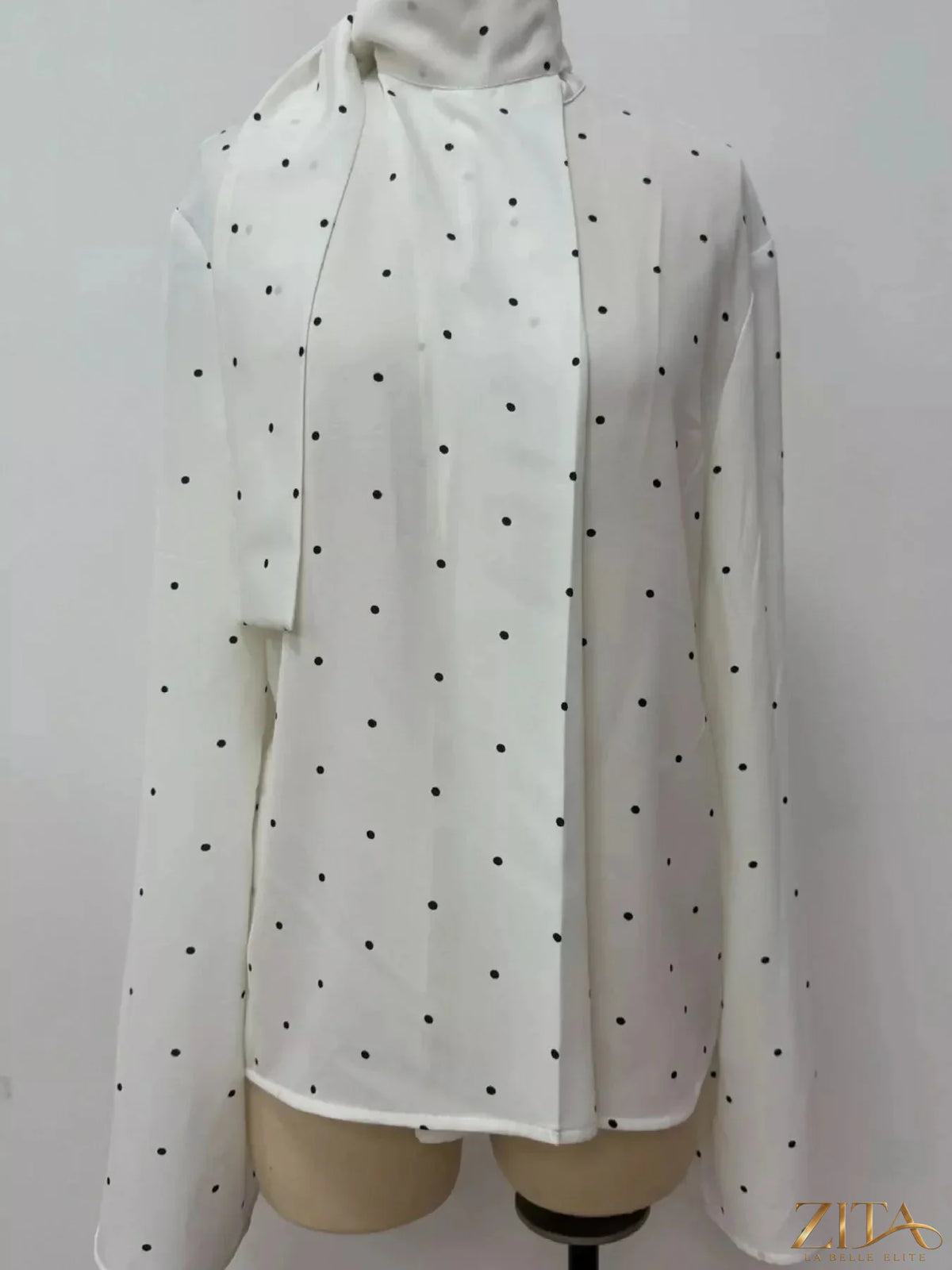 Polka dot silk blouse with scarf neck tie by Zita La Belle Elite, featuring a stylish and elegant design.