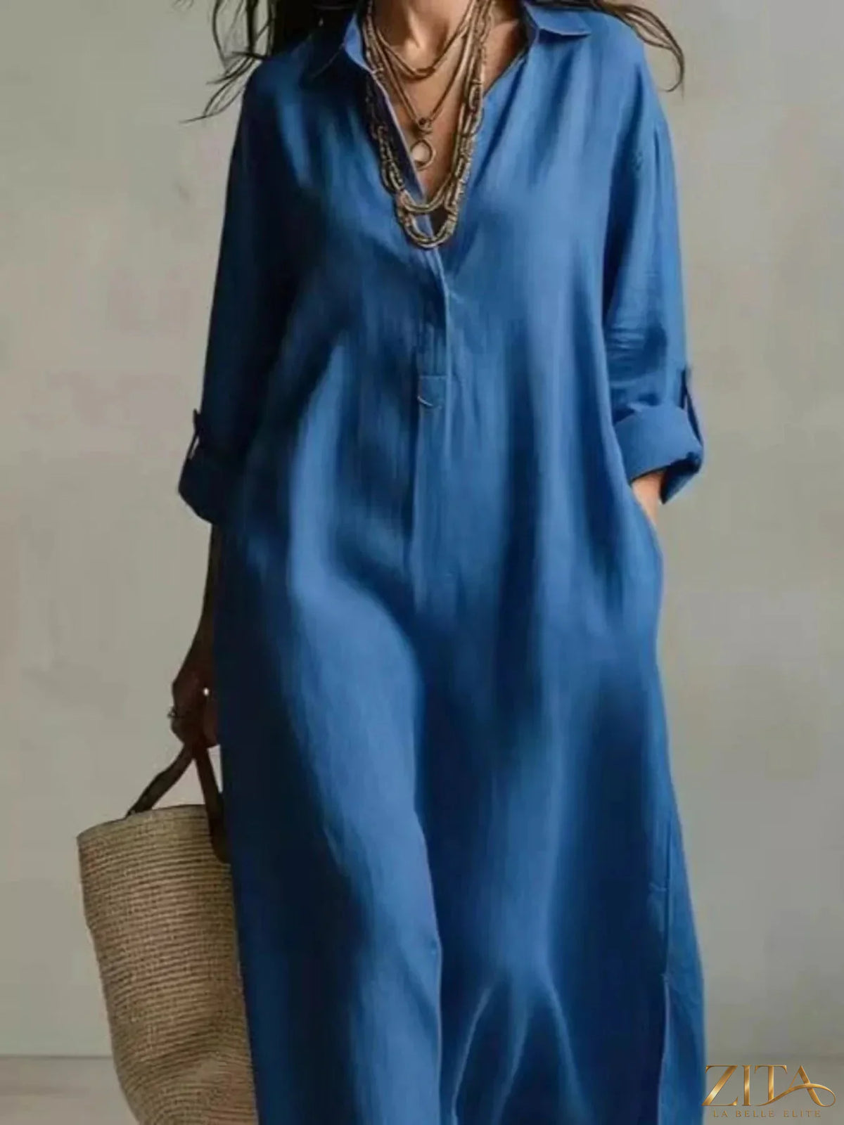 Plus size casual midi shirt dress by Zita La Belle Elite, featuring a relaxed fit and button-front design.