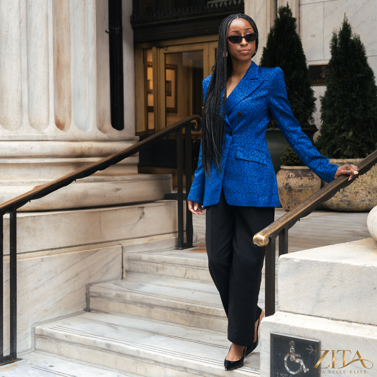 Zita La Belle Elite PREMIER Blue Blazer featuring tailored fit and classic design, shown on a model with lapel collar and front buttons.