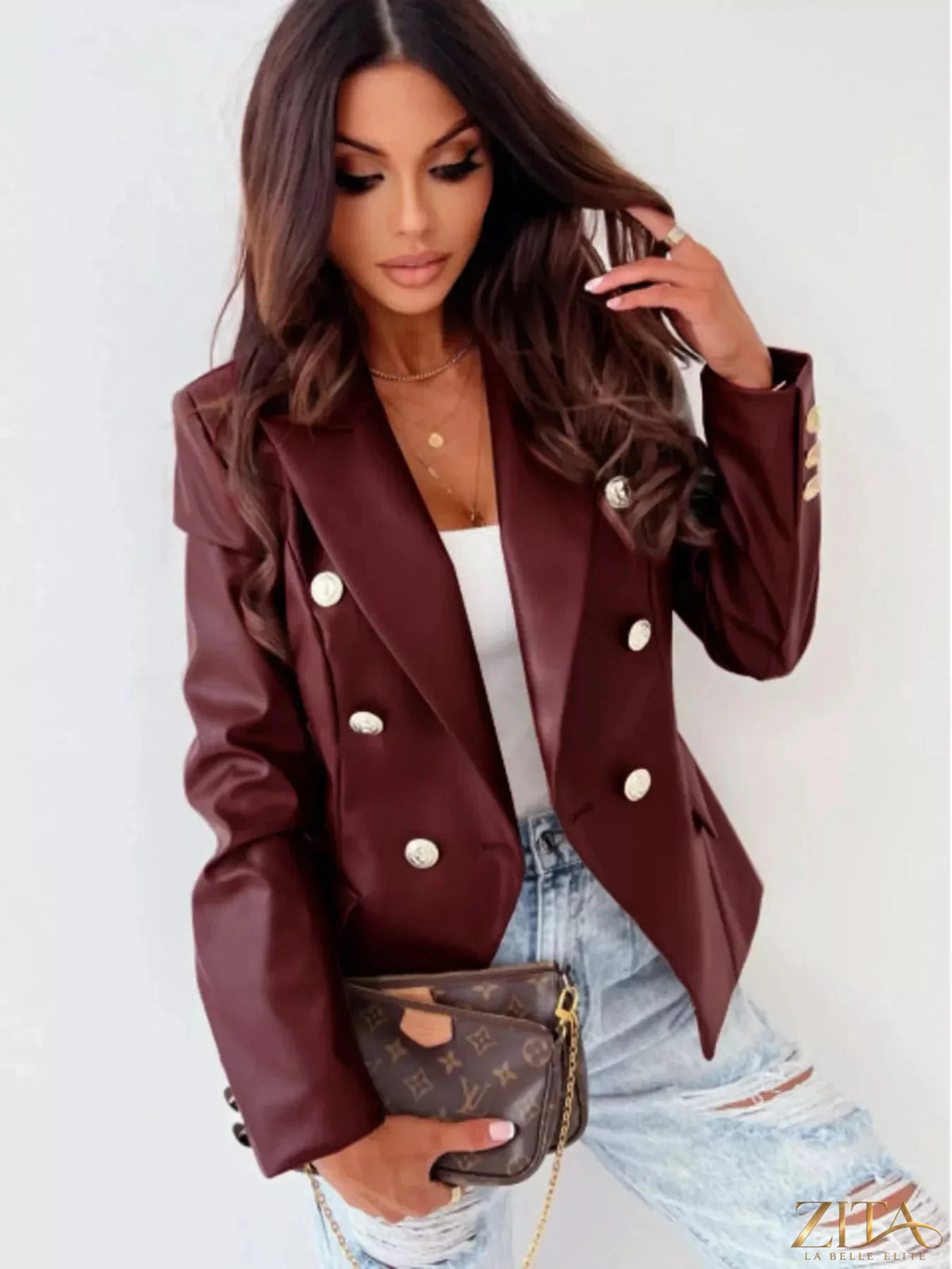 Zita La Belle Elite leather blazer with lapel collar, tailored fit, black leather, stylish women's jacket, front view, high-quality material