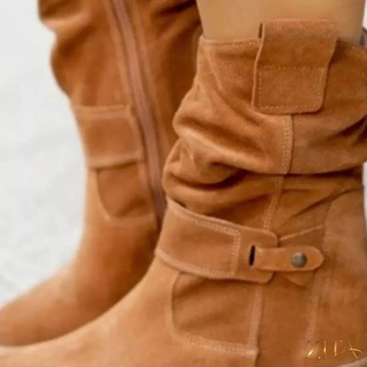 Zita La Belle Elite suede mid-calf boots with block heels and rounded toes, stylish footwear for fall and winter fashion.