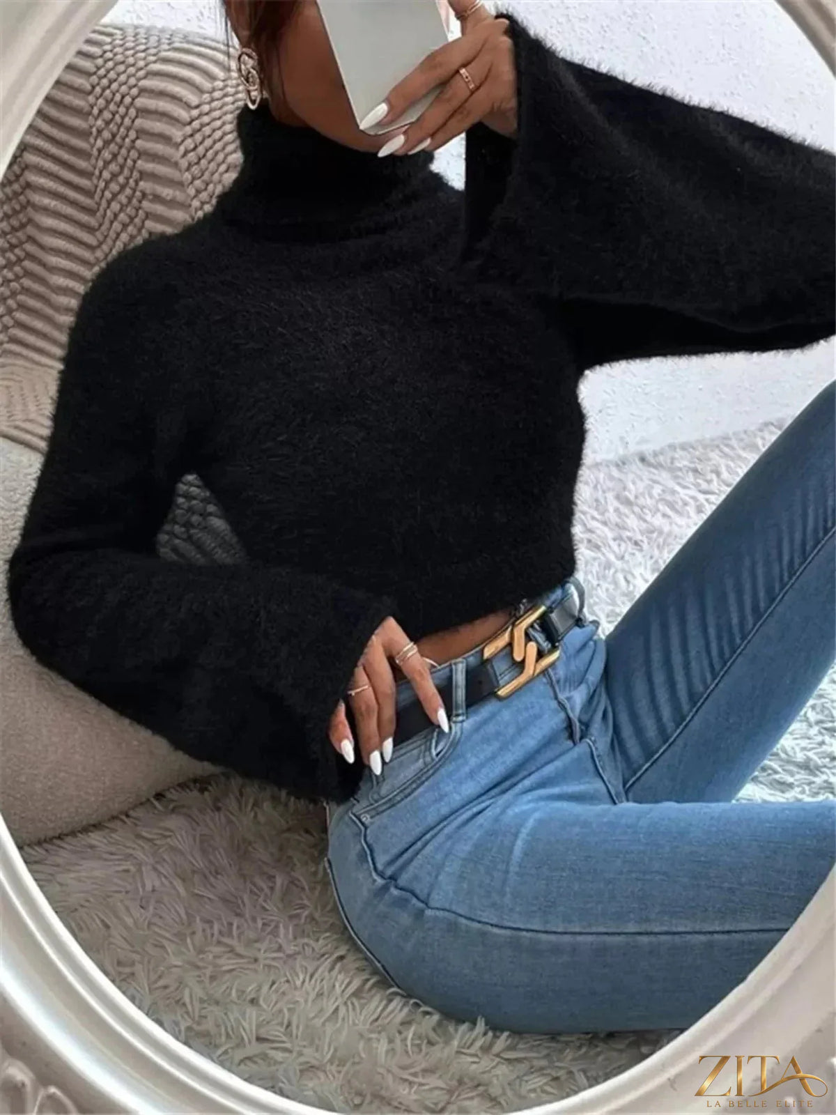 Cream turtleneck flare sleeve sweater by Trendsi featuring a fitted turtleneck and stylish flared sleeves.