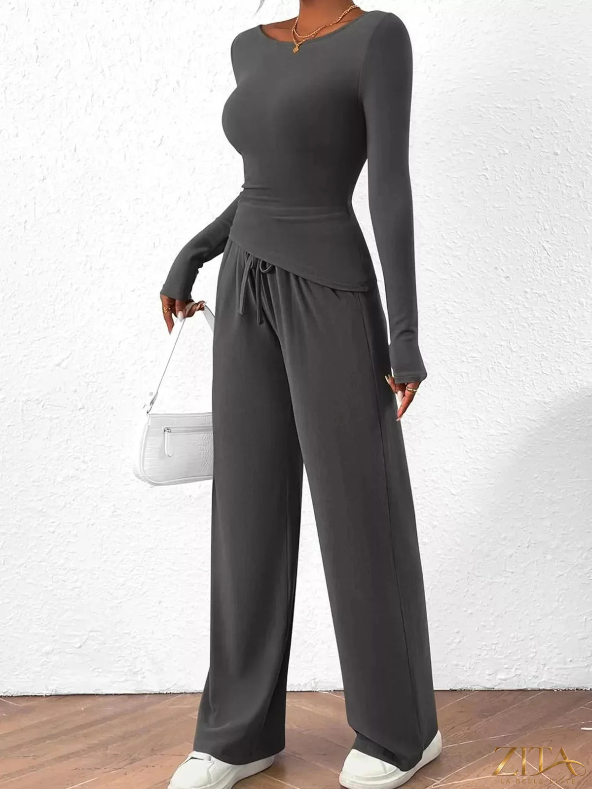 Zita La Belle Elite long sleeve top and wide-leg pants set in soft fabric, shown in a stylish, coordinated outfit.