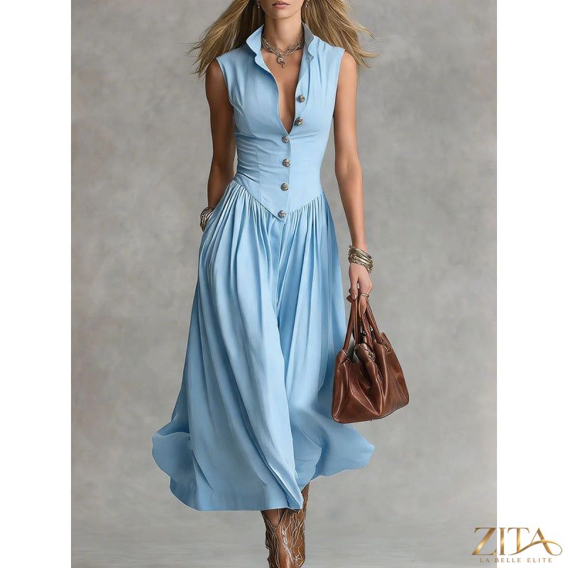 Women's sleeveless lapel collar maxi dress by Zita La Belle Elite featuring slim fit patchwork casualwear.