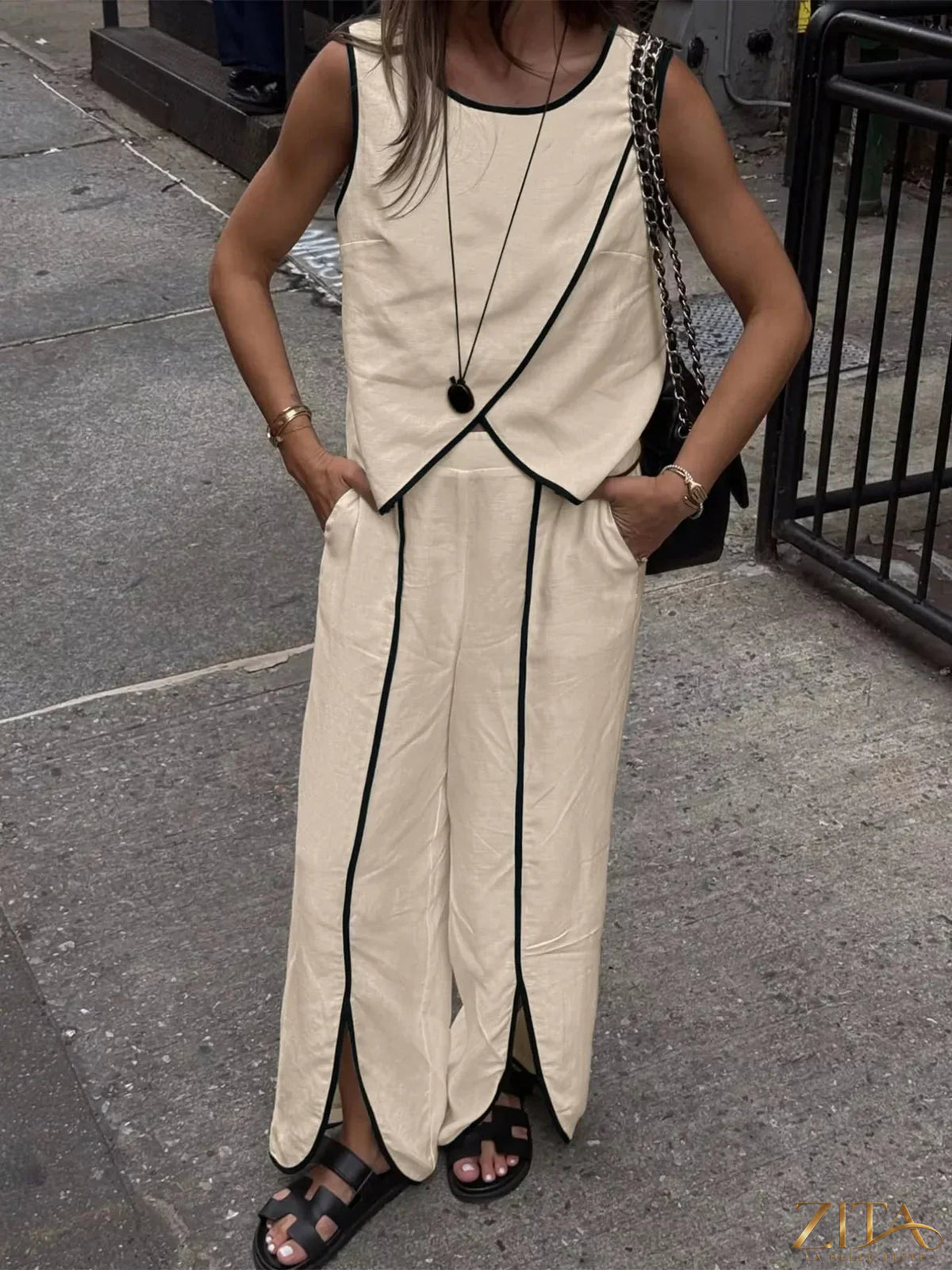 Zita La Belle Elite contrast trim top and wide-leg pants set, stylish two-piece outfit with modern design and comfortable fit.
