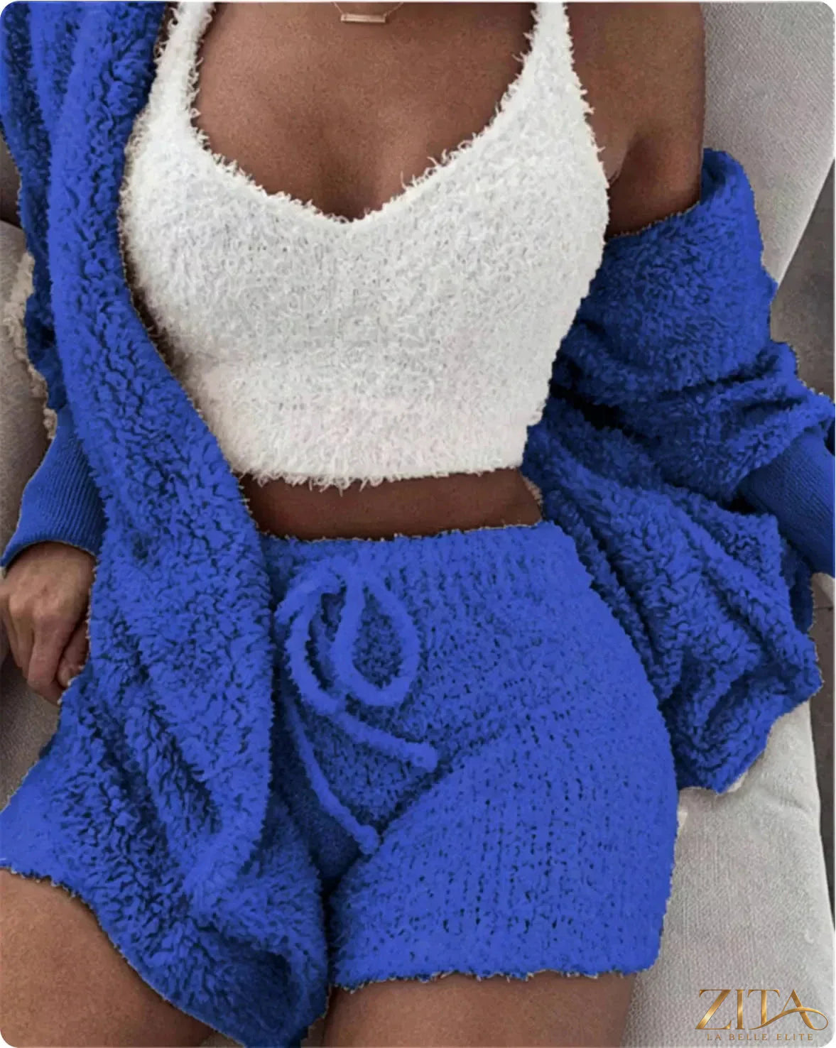 Plus size fuzzy plush cardigan lounge set by Zita La Belle Elite, featuring a cozy, soft, and comfortable 3-piece sleepwear ensemble.