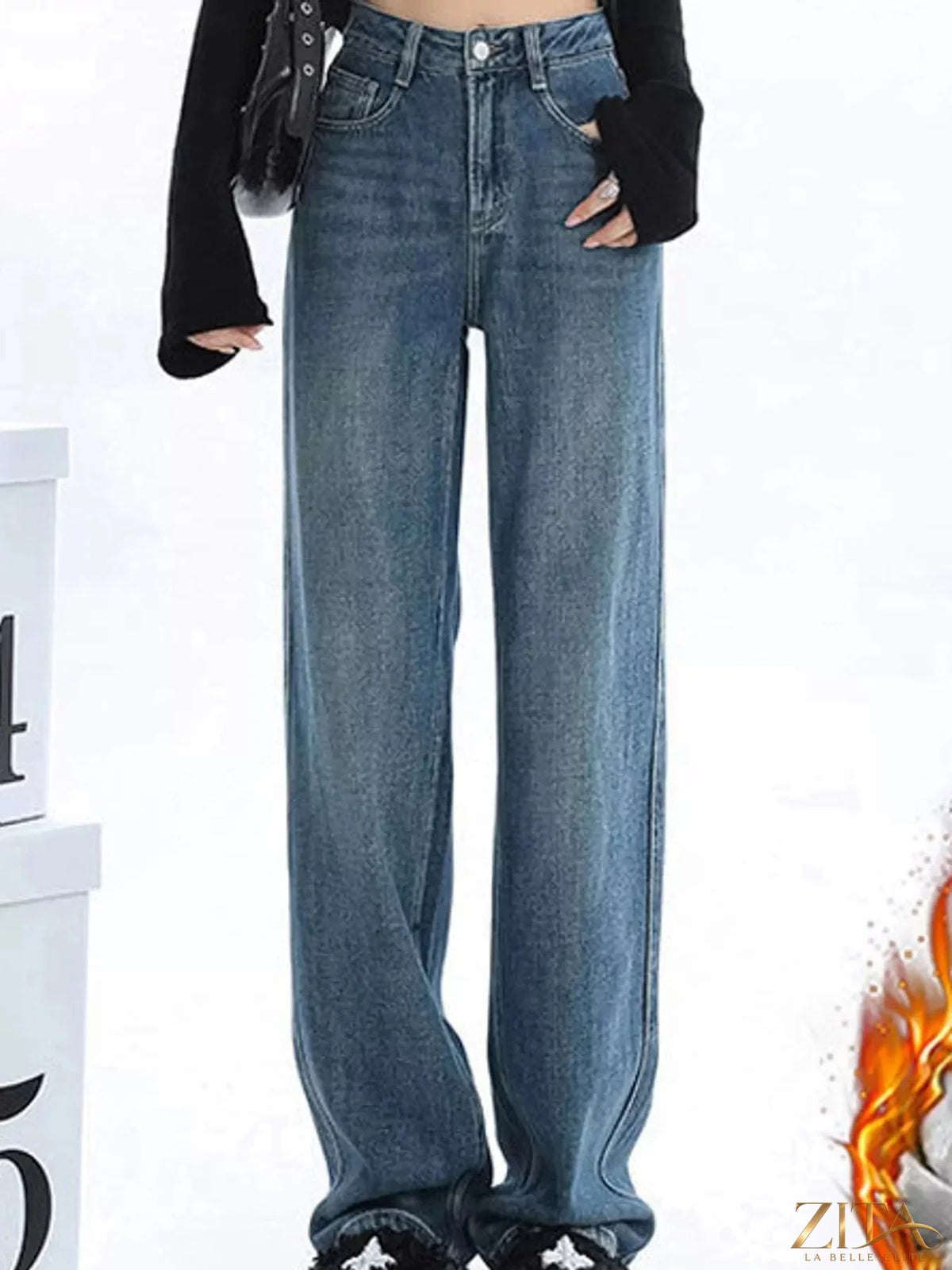 Zita La Belle Elite high-waisted vintage wash wide-leg jeans displayed on a model, showcasing relaxed fit and classic denim style.