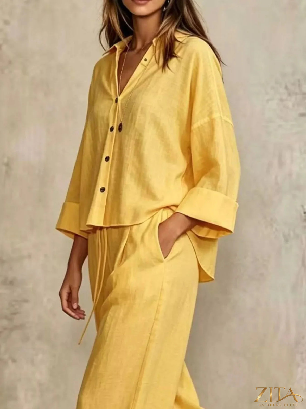 Plus size Zita La Belle Elite button-down shirt and wide-leg pants set displayed in a full-body image.