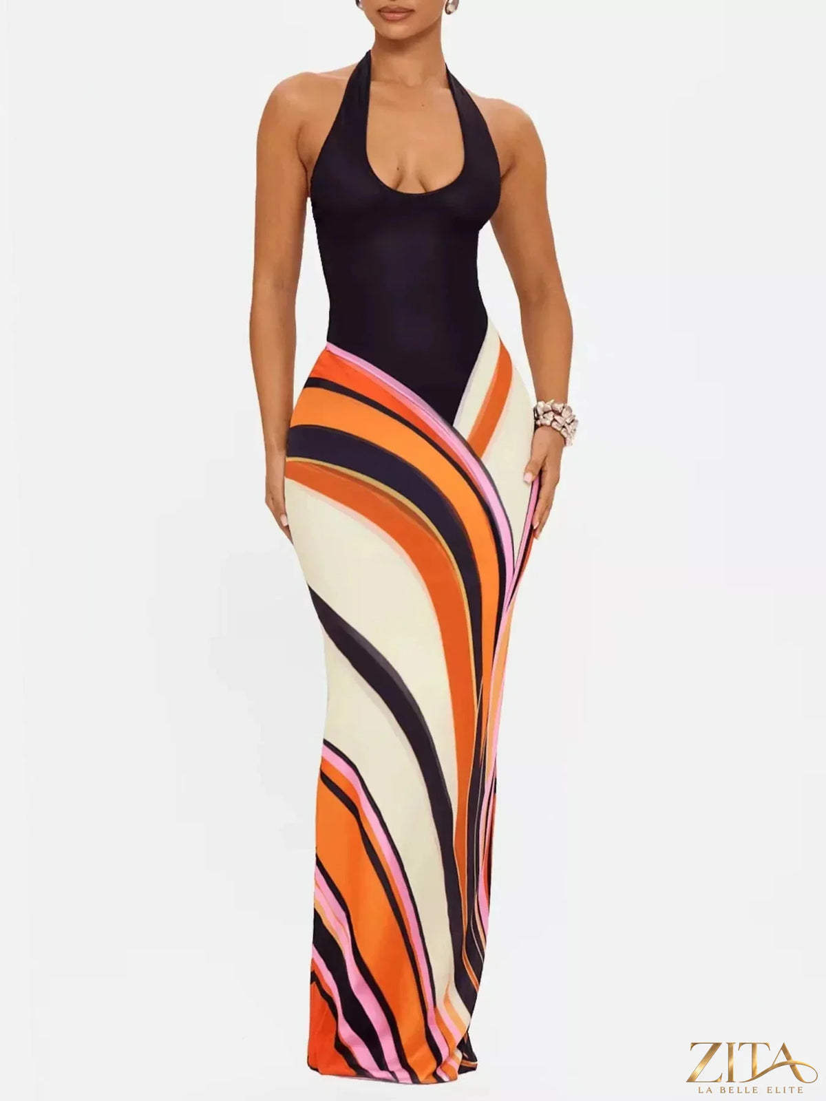 Zita La Belle Elite halter neck maxi dress with abstract print, flowing fabric and stylish design for elegant summer wear.