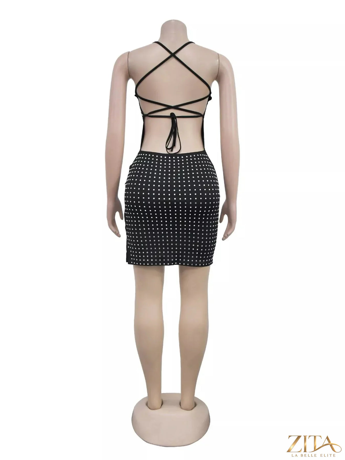 Rhinestone embellished black bodycon mini dress by Trendsi featuring sparkling rhinestone details and a fitted silhouette.
