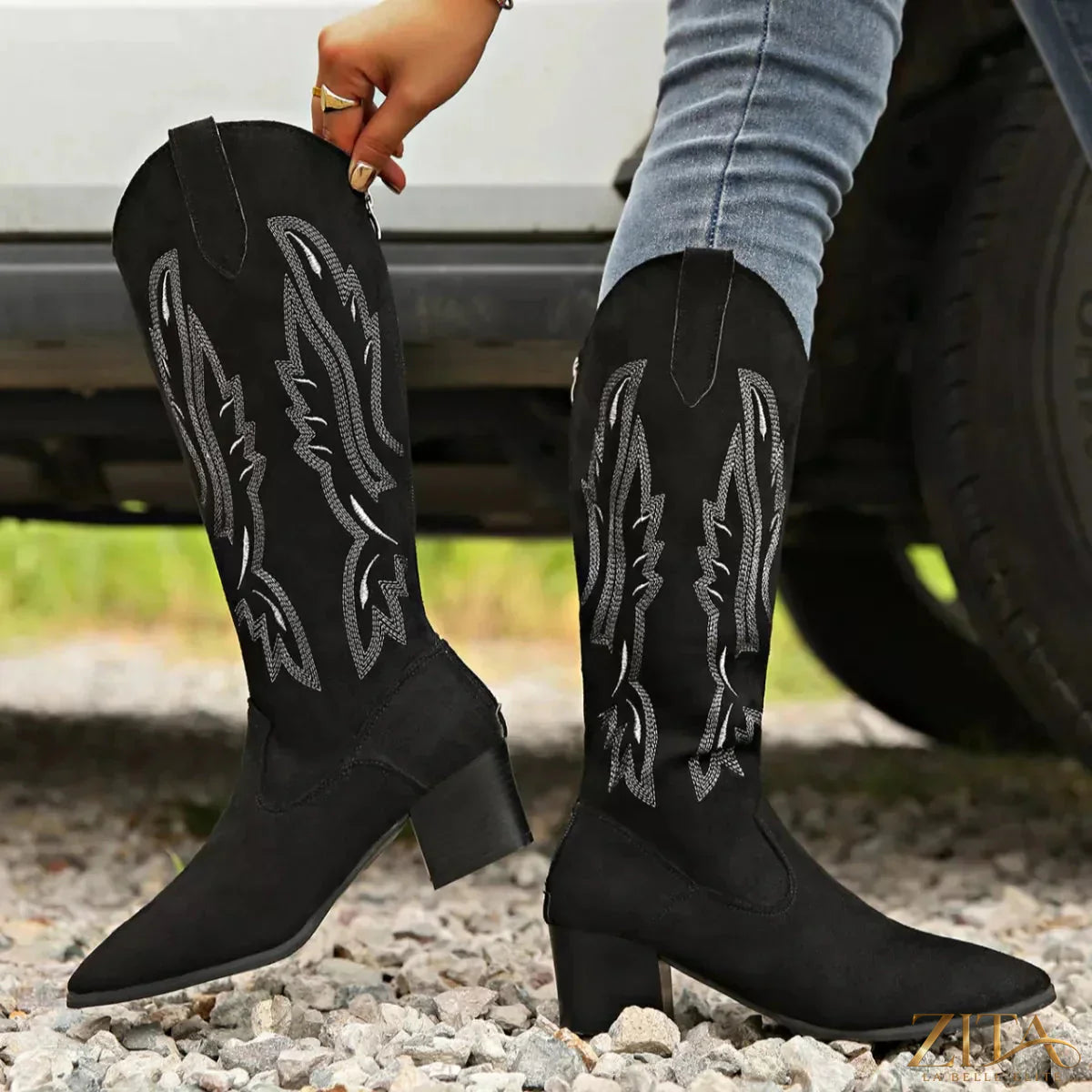 Zita La Belle Elite point toe block heel boots with sleek black leather and stylish ankle design.