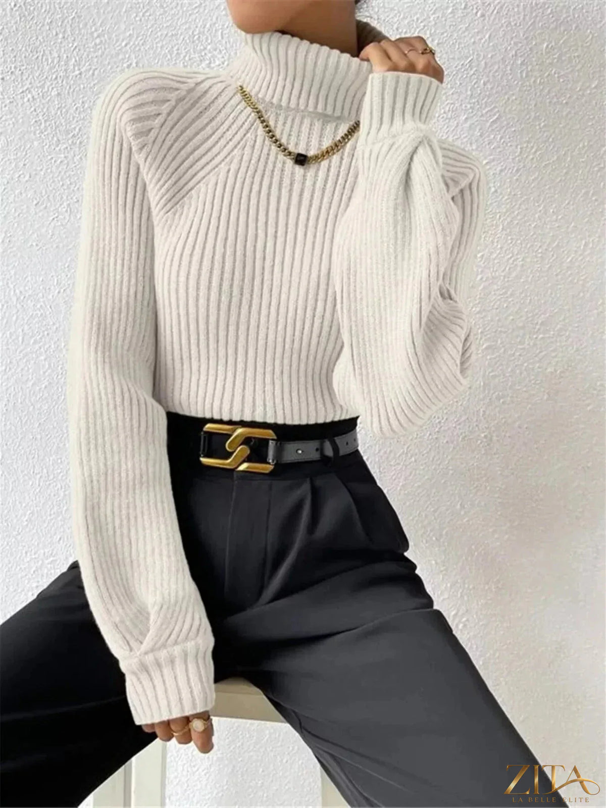 Zita La Belle Elite ribbed knit turtleneck sweater in soft fabric, close-up view highlighting the textured ribbed pattern.