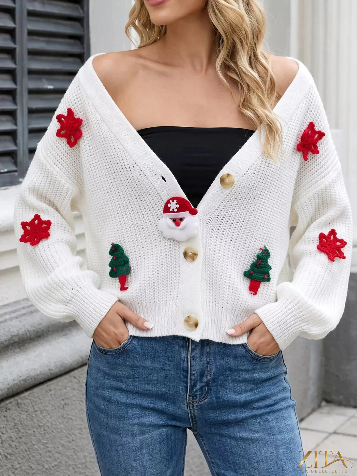 Zita La Belle Elite Christmas applique V-neck knit cardigan with festive holiday patterns and cozy knit texture.