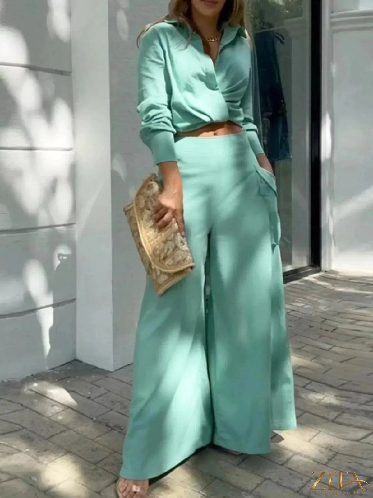 Zita La Belle Elite long sleeve shirt and wide leg pants set, soft fabric, stylish fit, beige color, casual elegant outfit.
