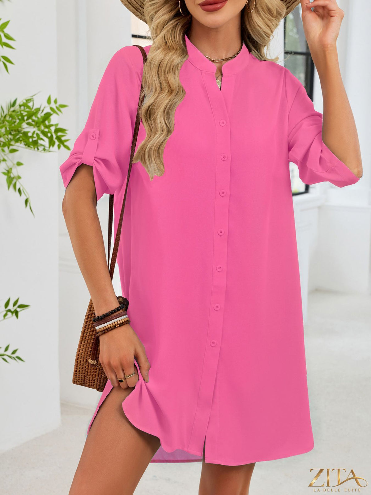 Zita La Belle Elite casual button-down shirt dress in lightweight fabric, featuring a collar, long sleeves, and a relaxed fit.
