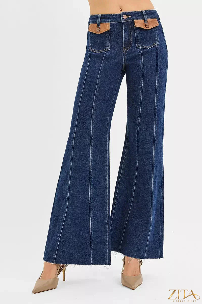 Zita La Belle Elite RISEN high-rise wide flare jeans with front leather pocket detail, styled with casual outfit
