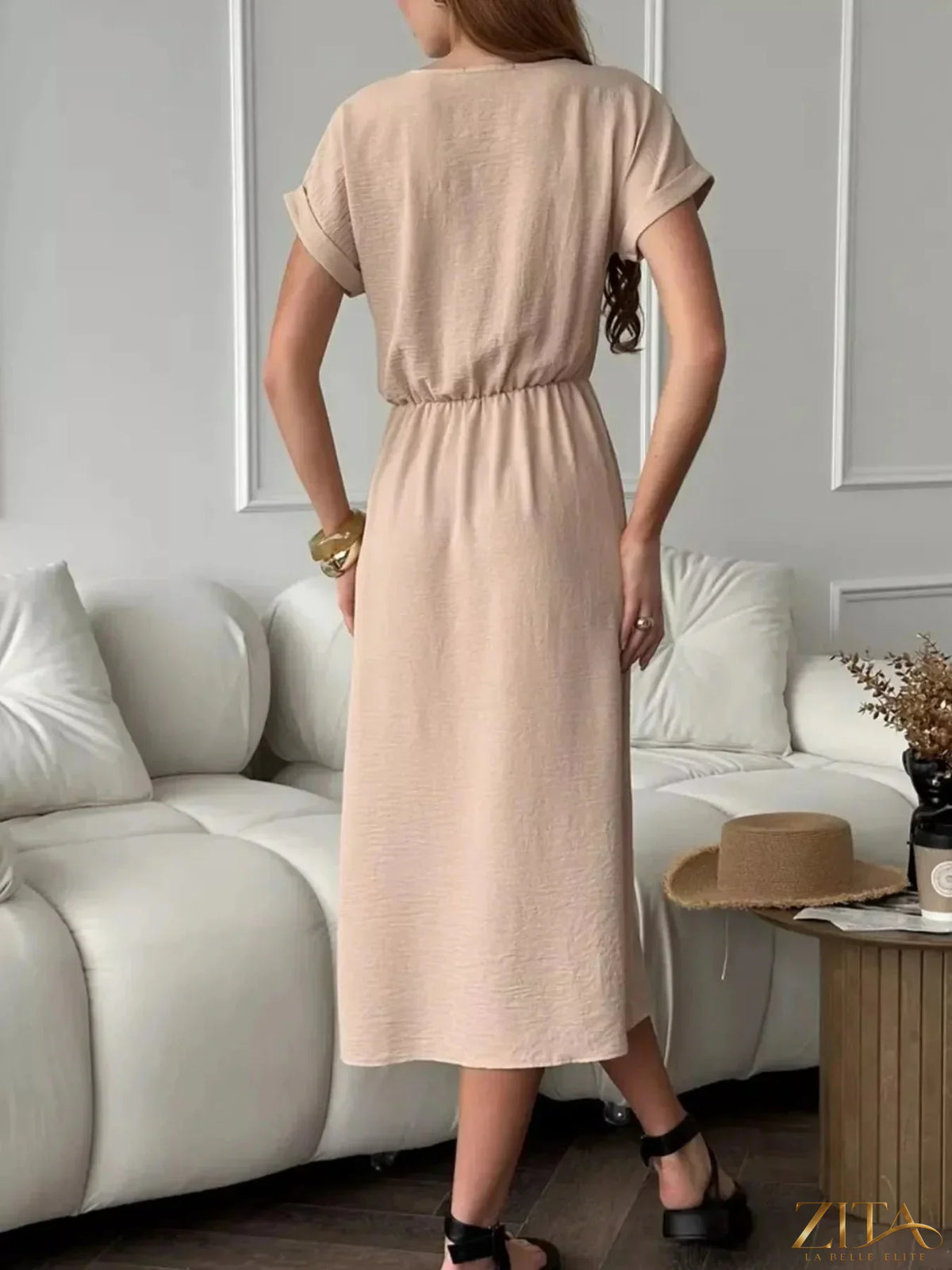 Zita La Belle Elite casual midi dress with drawstring waist, lightweight fabric, and relaxed fit, perfect for everyday wear