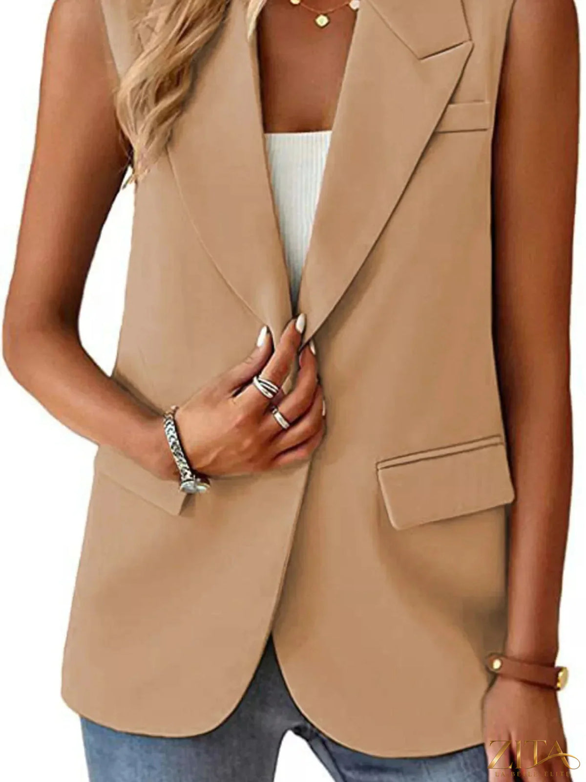 Plus size Zita La Belle Elite full size vest coat with one button lapel collar, shown in a stylish, structured design.