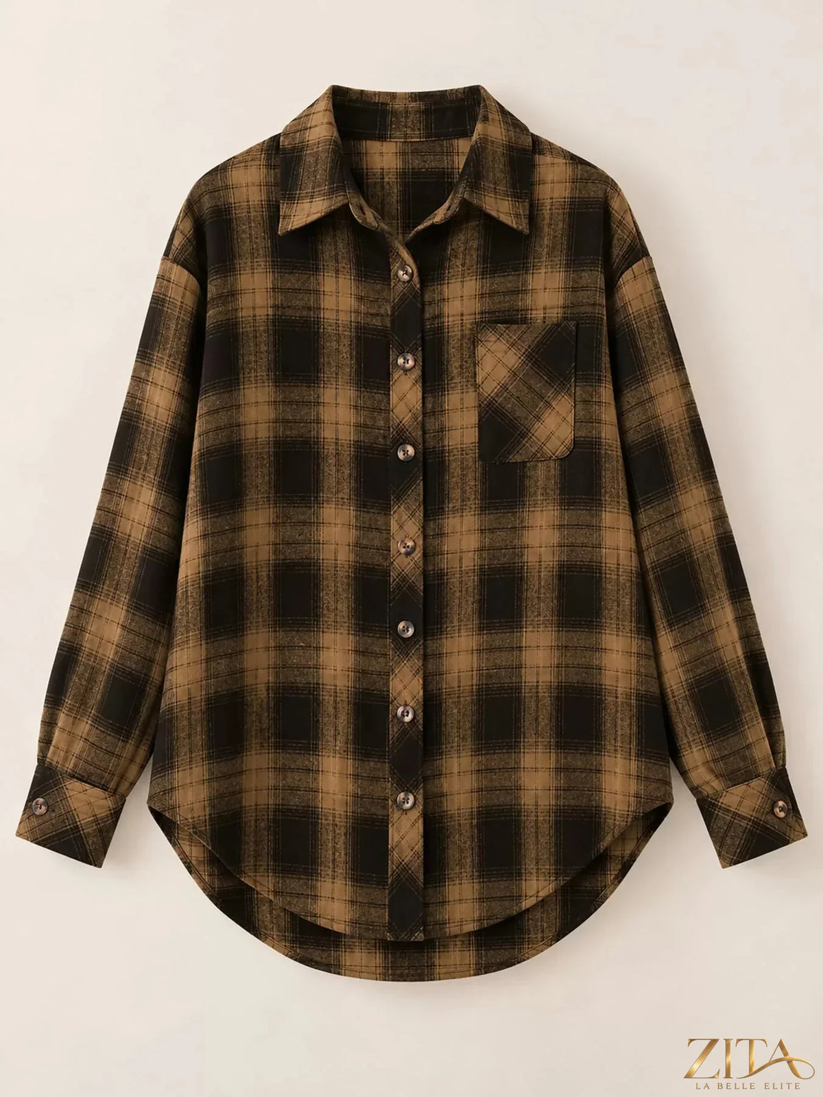 Zita La Belle Elite plaid button-down oversized shirt with a relaxed fit, featuring a classic plaid pattern and collar.