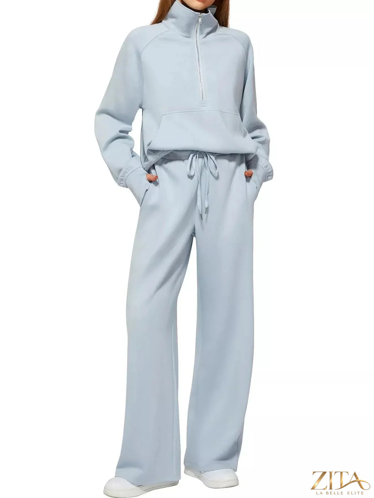 Zita La Belle Elite half-zip sweatshirt and wide-leg pants set in soft fabric, displayed on a neutral background.