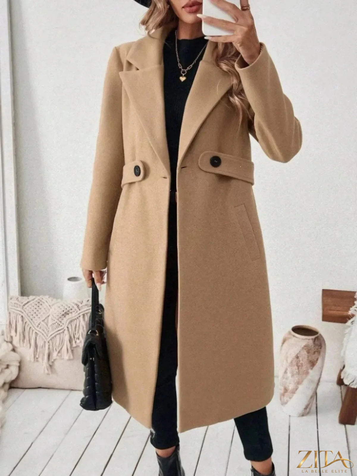 Plus size Zita La Belle Elite elegant belted coat with lapel collar and pockets, full size, suitable for stylish winter wear
