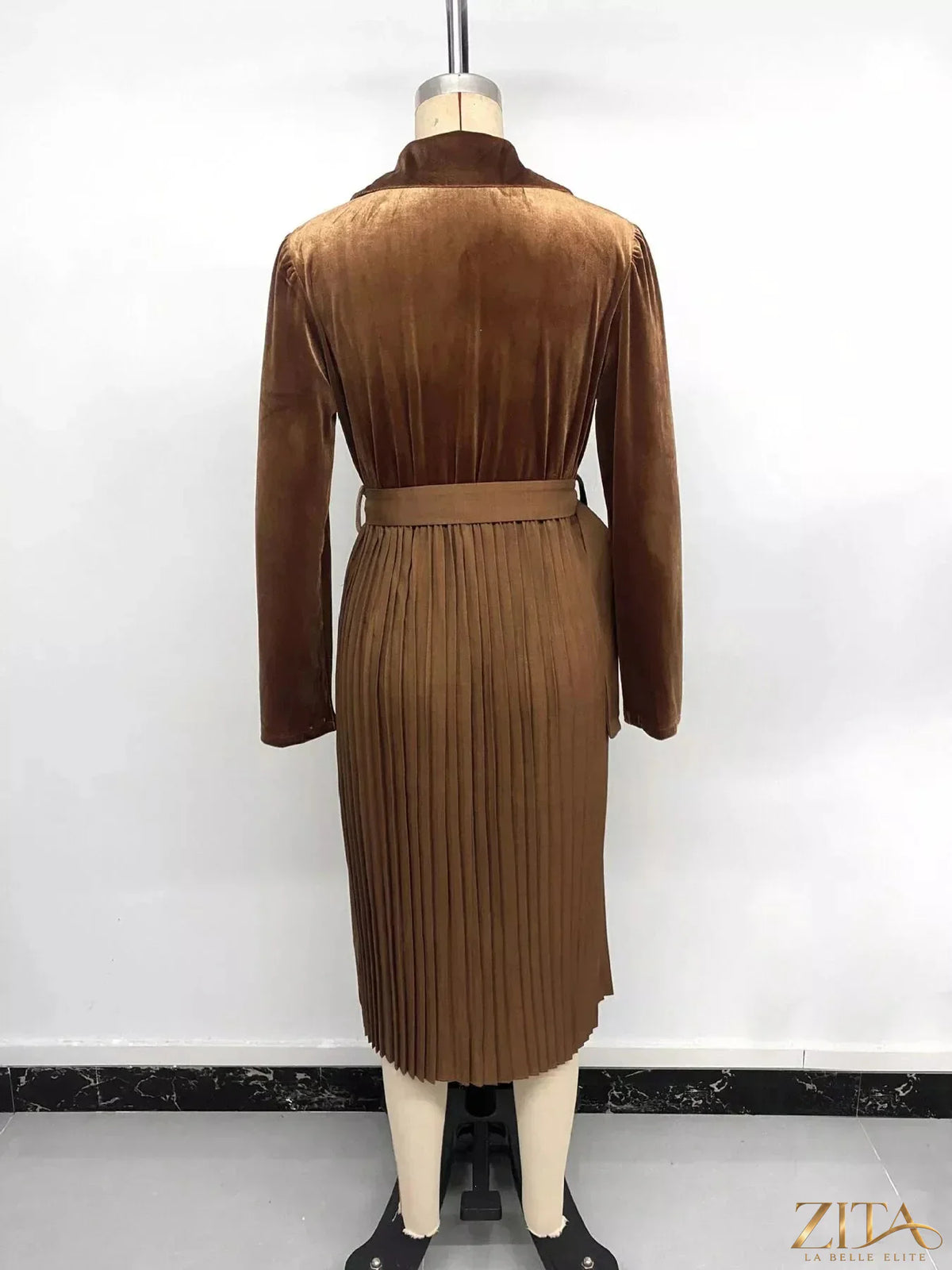 Velvet pleated midi blazer dress by Zita La Belle Elite featuring a tailored fit and elegant design.