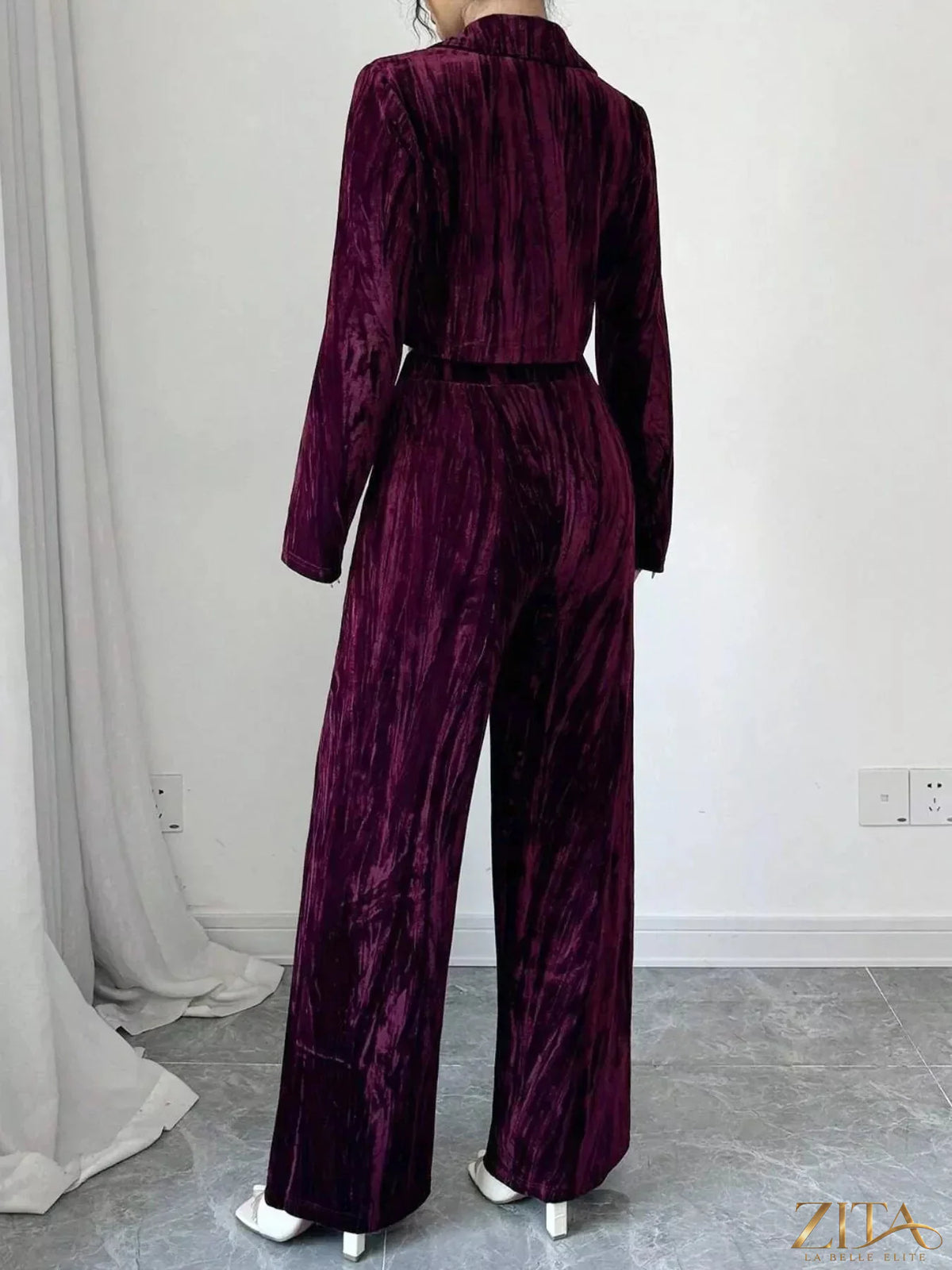 Zita La Belle Elite pleated velvet blazer and wide-leg pants set, showing the stylish tailored fit and luxurious fabric.