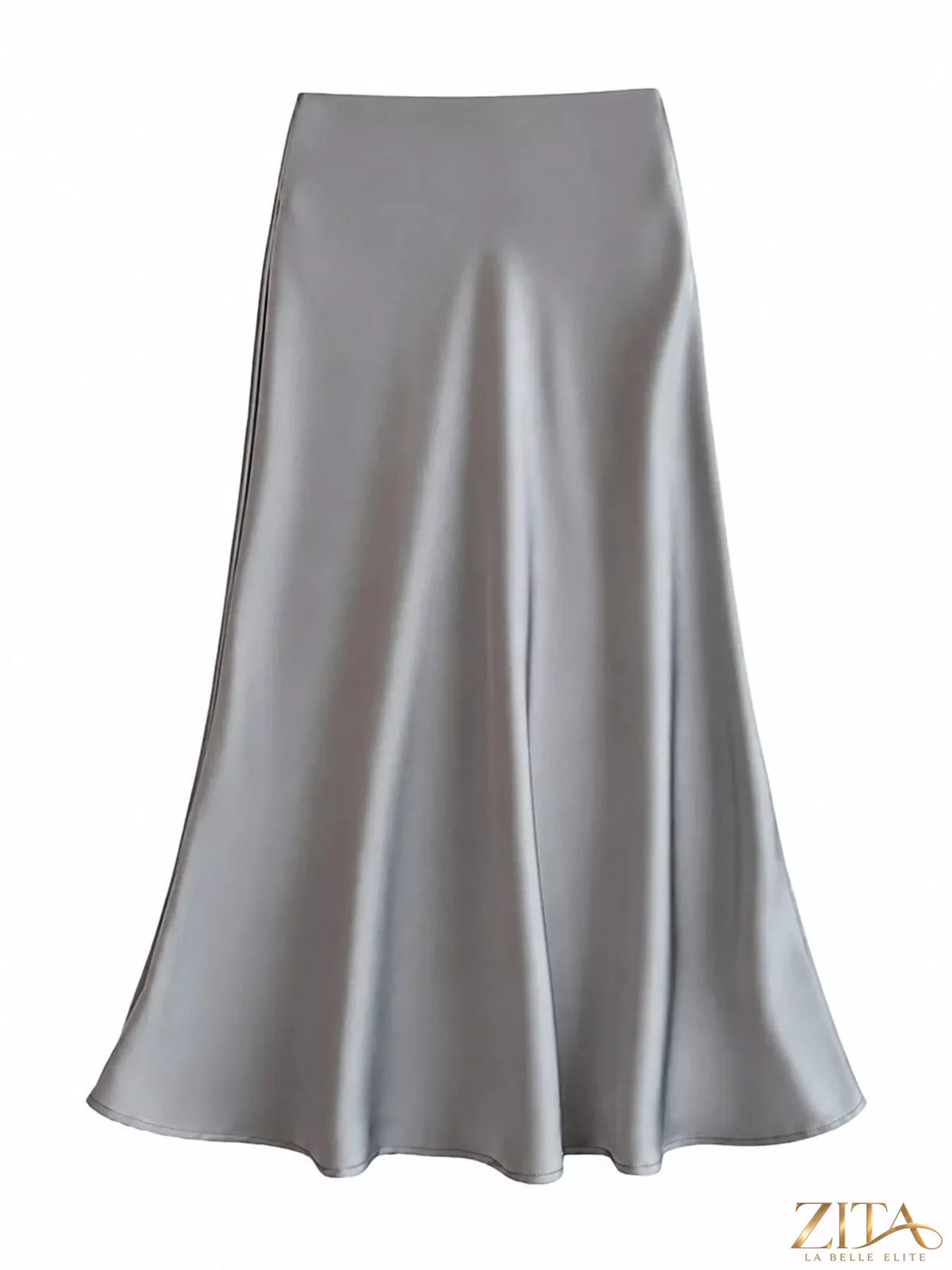 Plus size high-waisted satin midi skirt by Trendsi, featuring a smooth, shiny fabric and elegant length for sophisticated style.