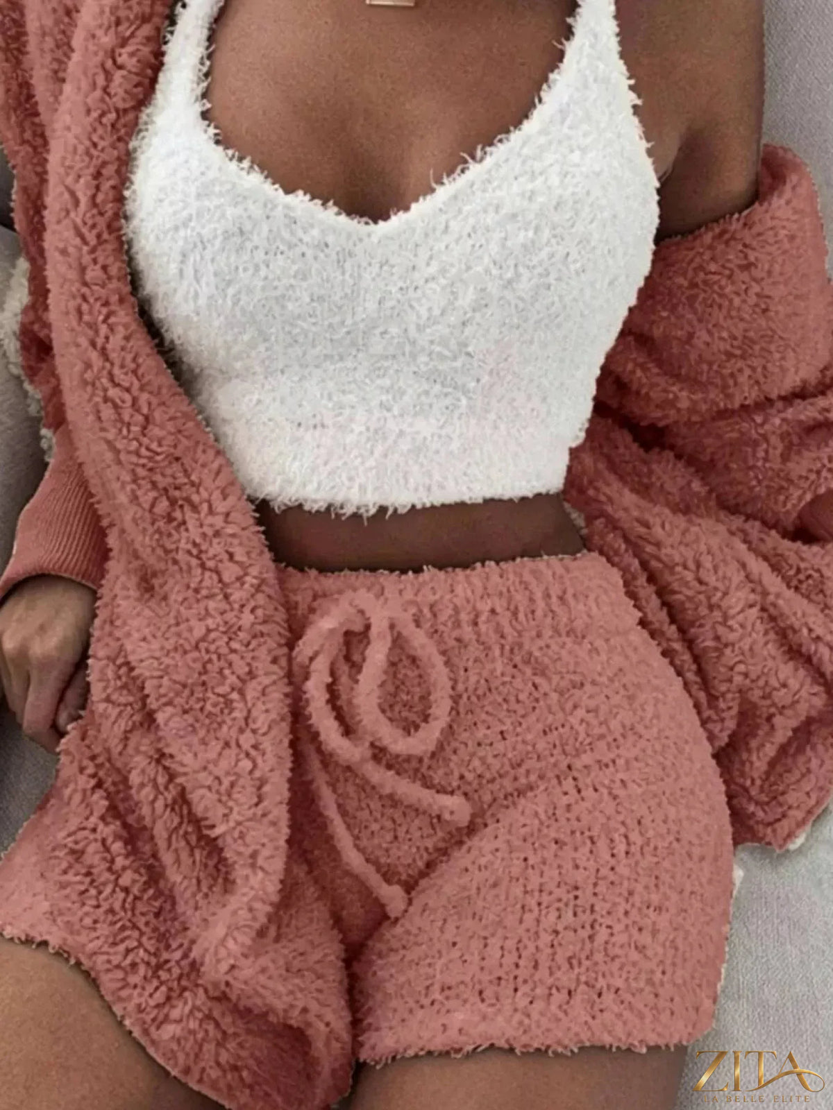 Plus size fuzzy plush cardigan lounge set by Zita La Belle Elite, featuring cozy, soft fabric and a relaxed fit.