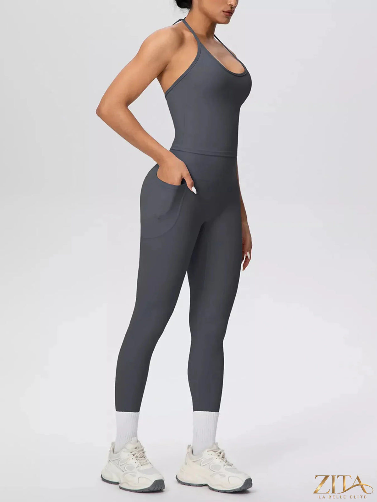 Zita La Belle Elite halter neck cami and high-waisted leggings active set, black stretch fabric, on a mannequin.