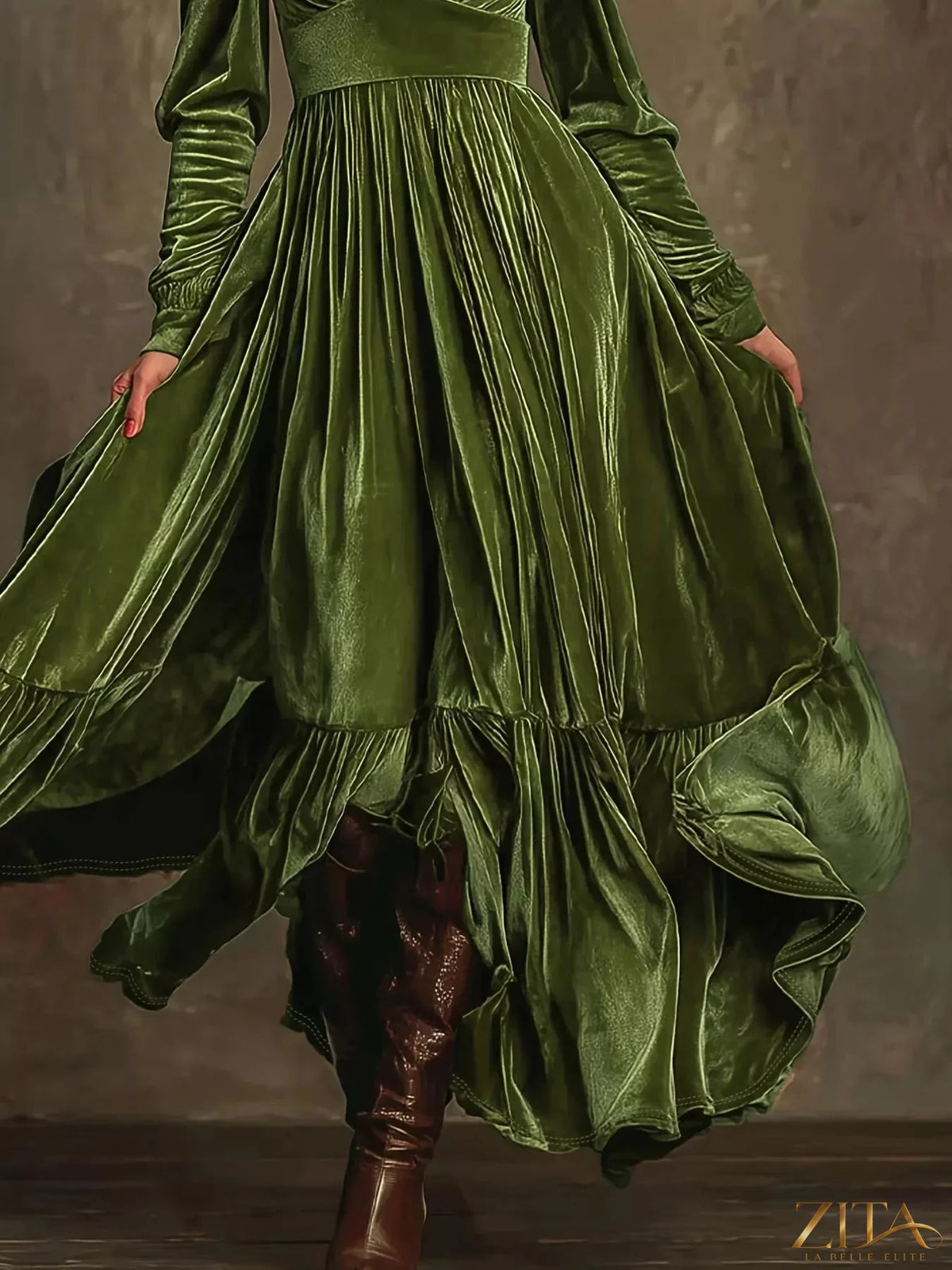 Long sleeve ruffled hem dress by Trendsi featuring a flowy silhouette and feminine ruffle details, perfect for casual or dressier occasions.
