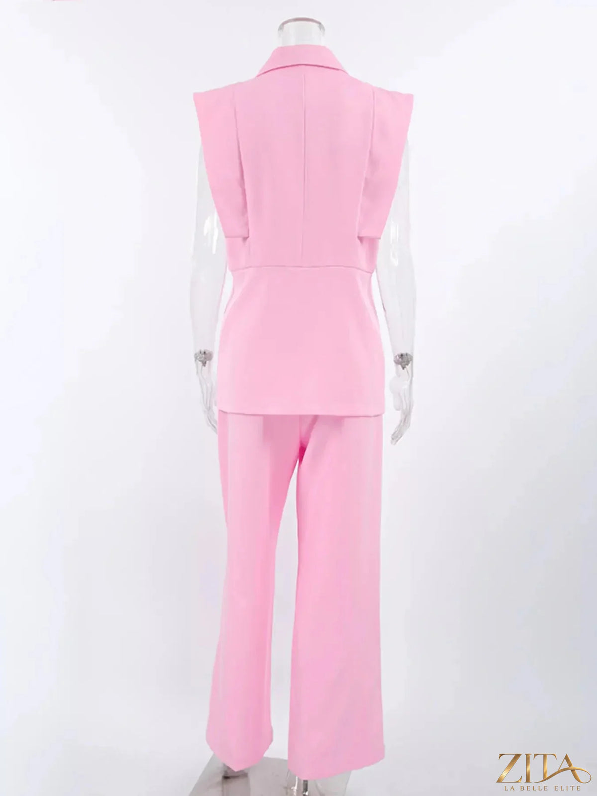 Zita La Belle Elite sleeveless blazer and wide-leg pants two-piece set, stylish fashion ensemble with tailored fit and modern design.
