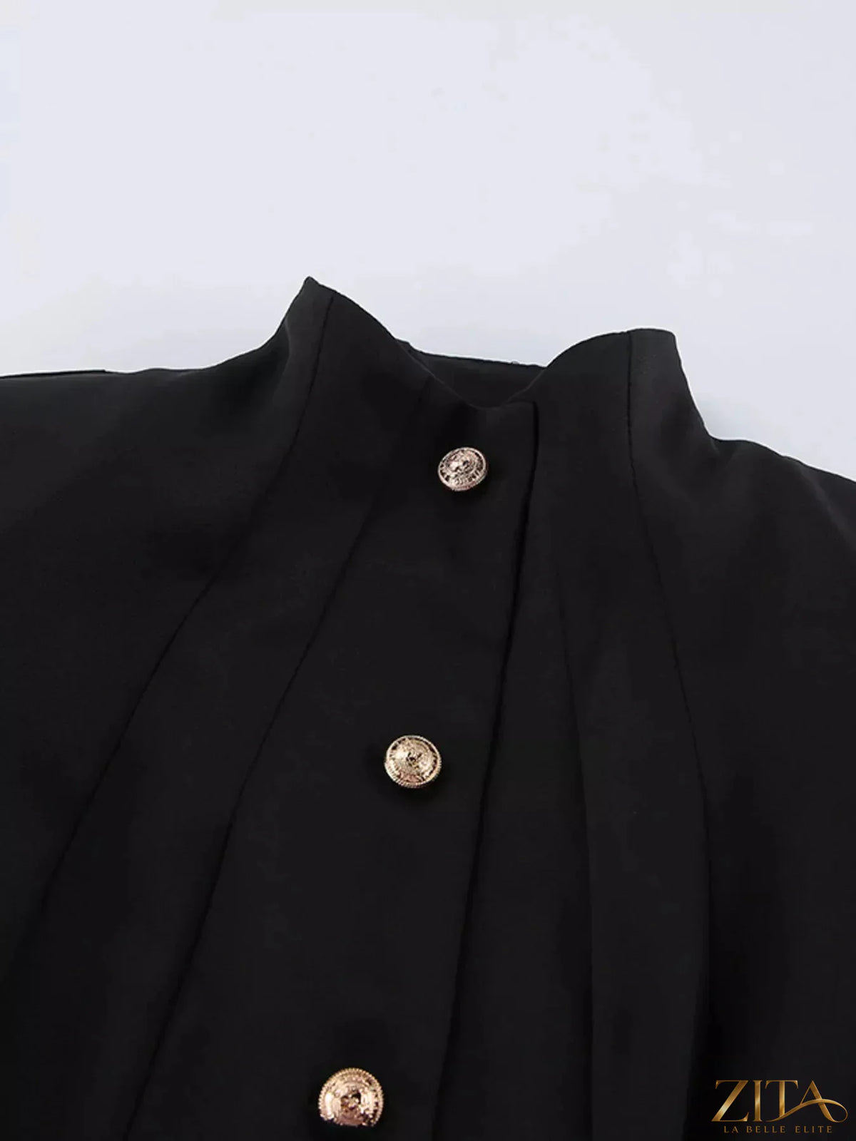 Zita La Belle Elite elegant stand collar blazer and mini skirt set, stylish formal outfit for women, shown on a model.