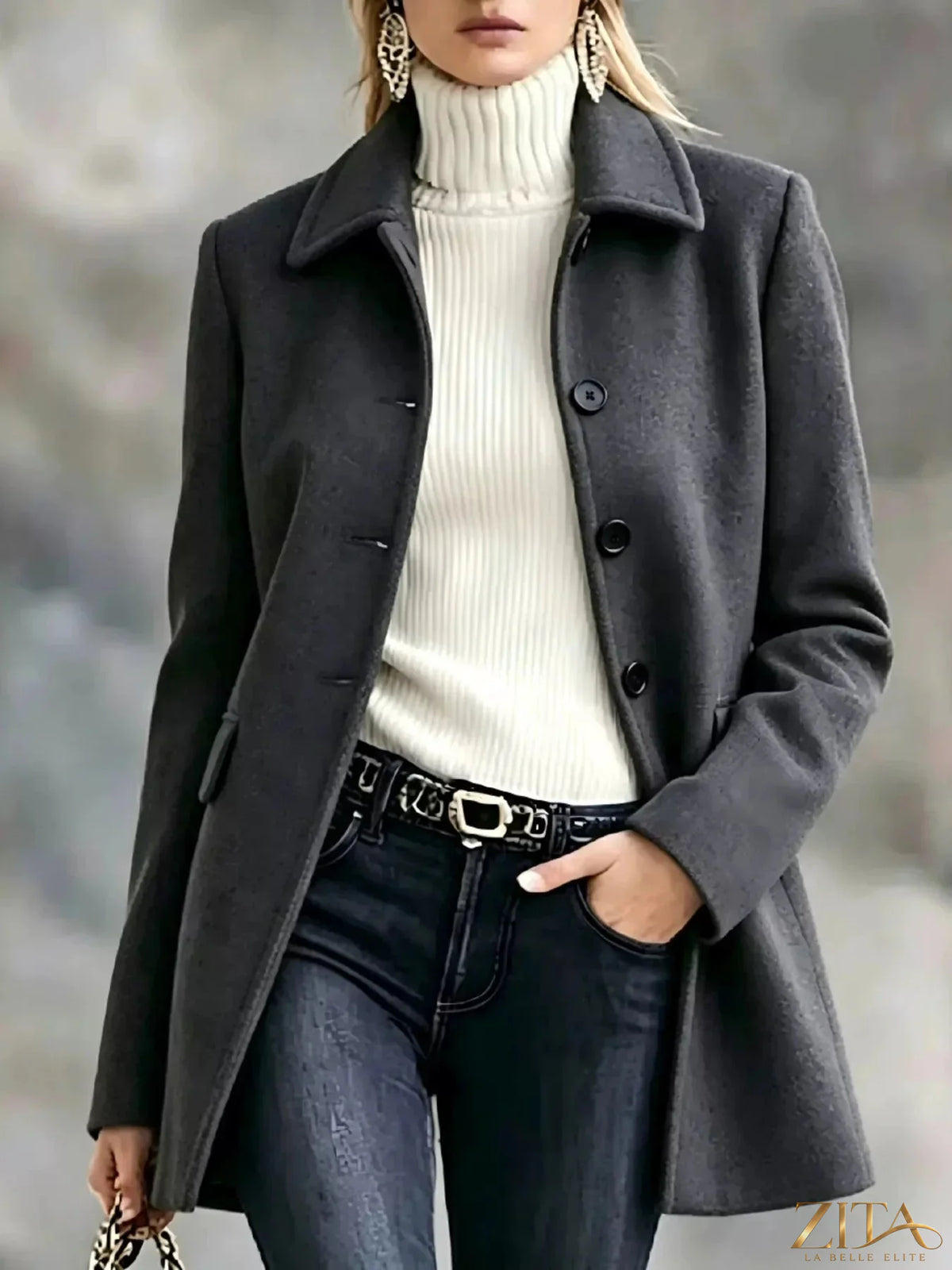 Zita La Belle Elite button-up coat with a collared neck, stylish outerwear for a polished winter look.