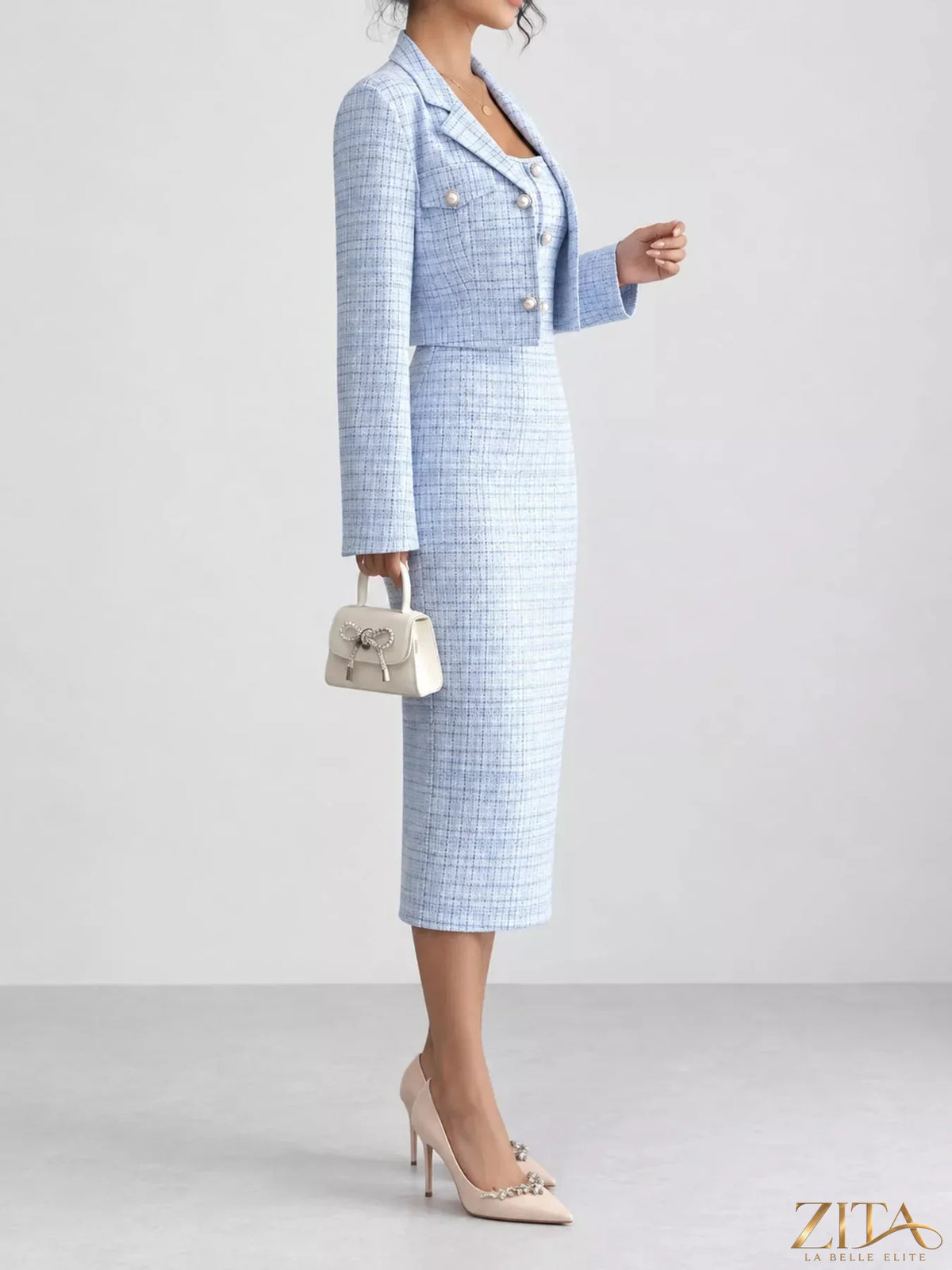 Zita La Belle Elite tweed square neck dress and matching cardigan set displayed on a model, stylish and elegant ensemble.