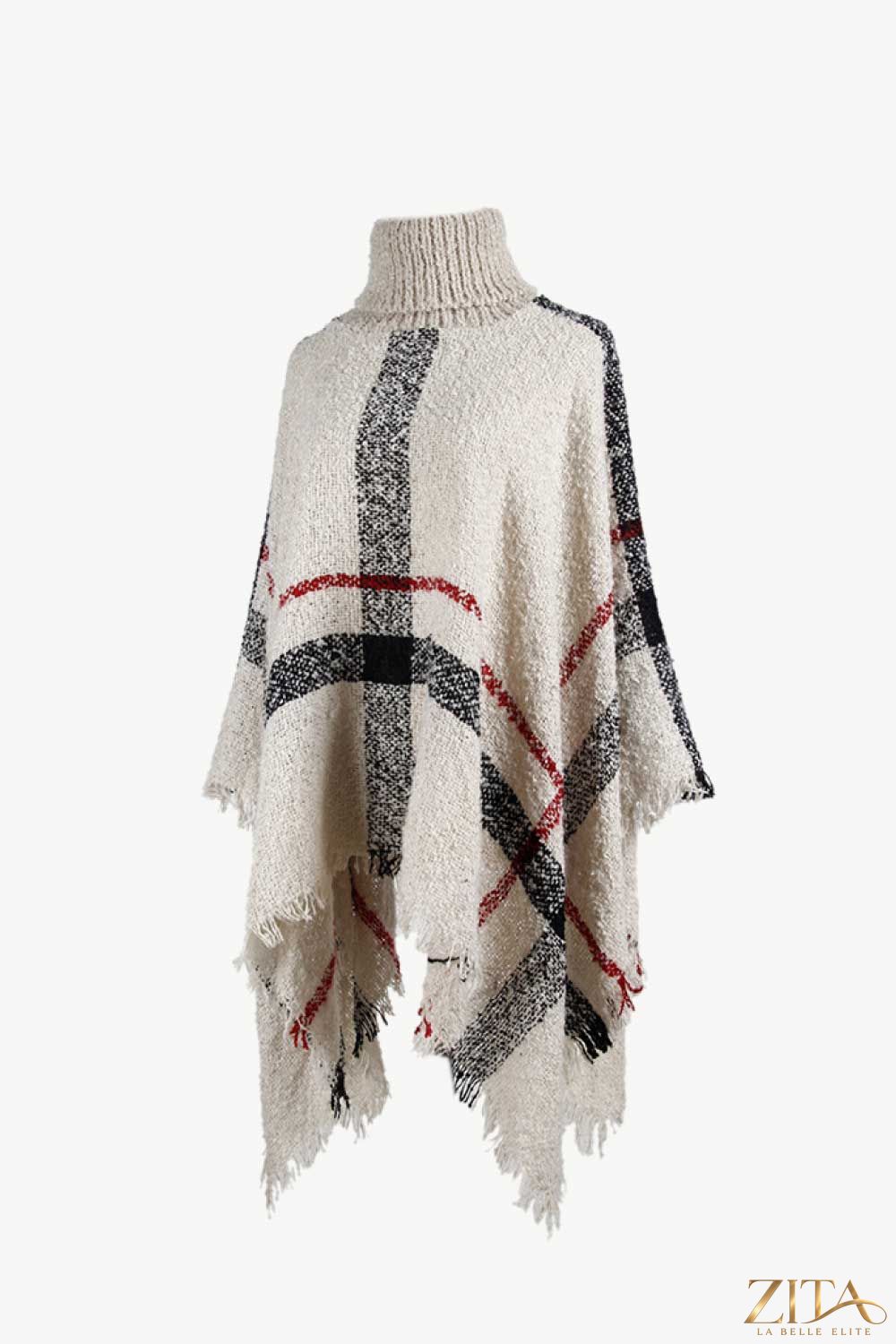 Plaid turtleneck raw hem poncho from Trendsi, featuring a cozy plaid pattern and stylish raw hem detail.