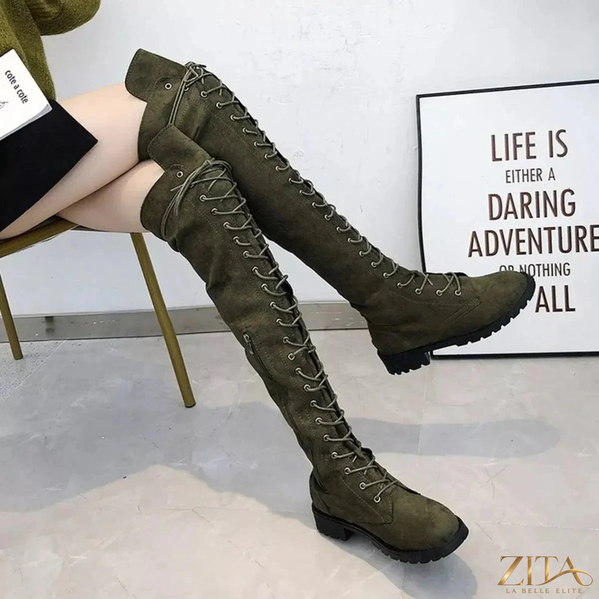 Trendsi lace-up over-the-knee boots with high heels and sleek black leather design, shown from the side view.