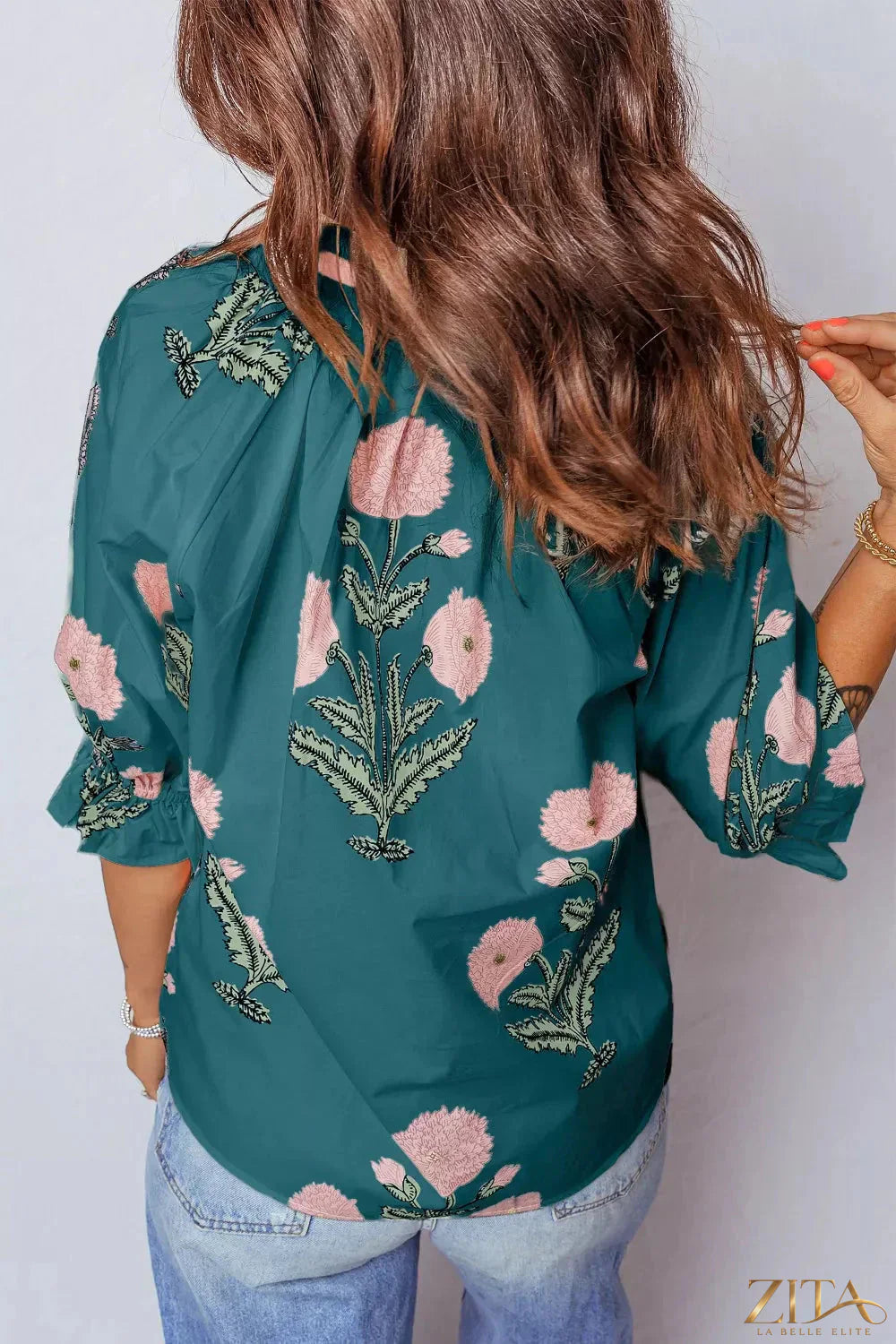 Floral embroidered notched blouse by Zita La Belle Elite, featuring intricate embroidery and stylish notch neckline.