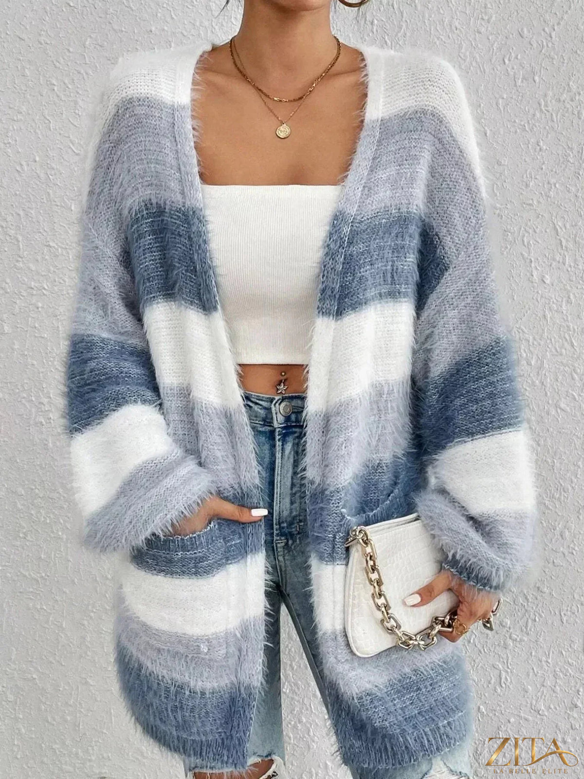Zita La Belle Elite striped open front oversized cardigan featuring bold horizontal stripes and a relaxed, cozy fit.